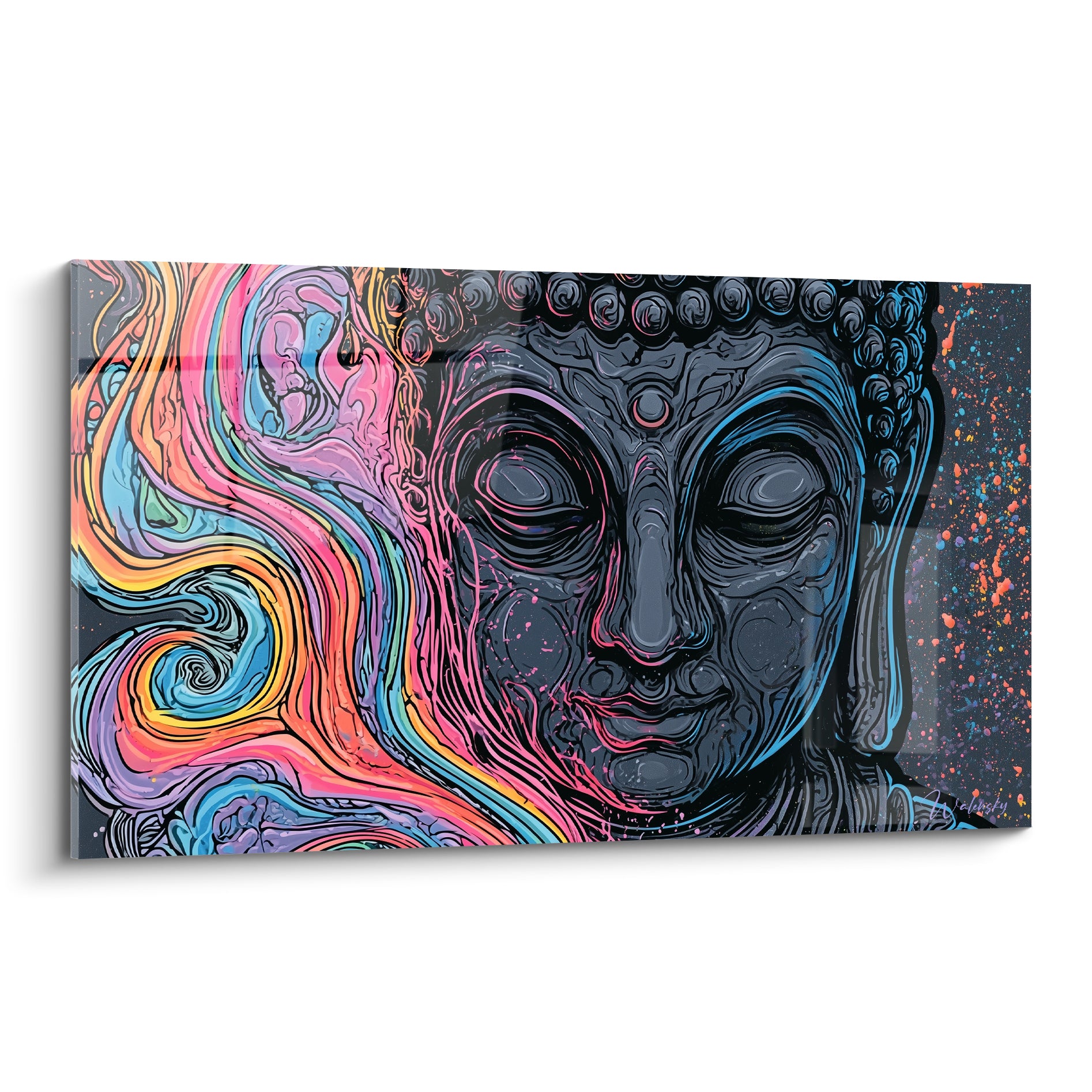 Visage de Bouddha anthracite aux yeux clos, chevelure en volutes roses et turquoise éclatantes
