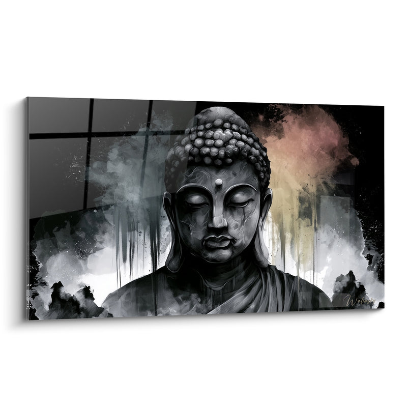 Tableau Visage gris et corail aux lignes de fenêtre - Nuage rosé latéral - Edition Bouddha
