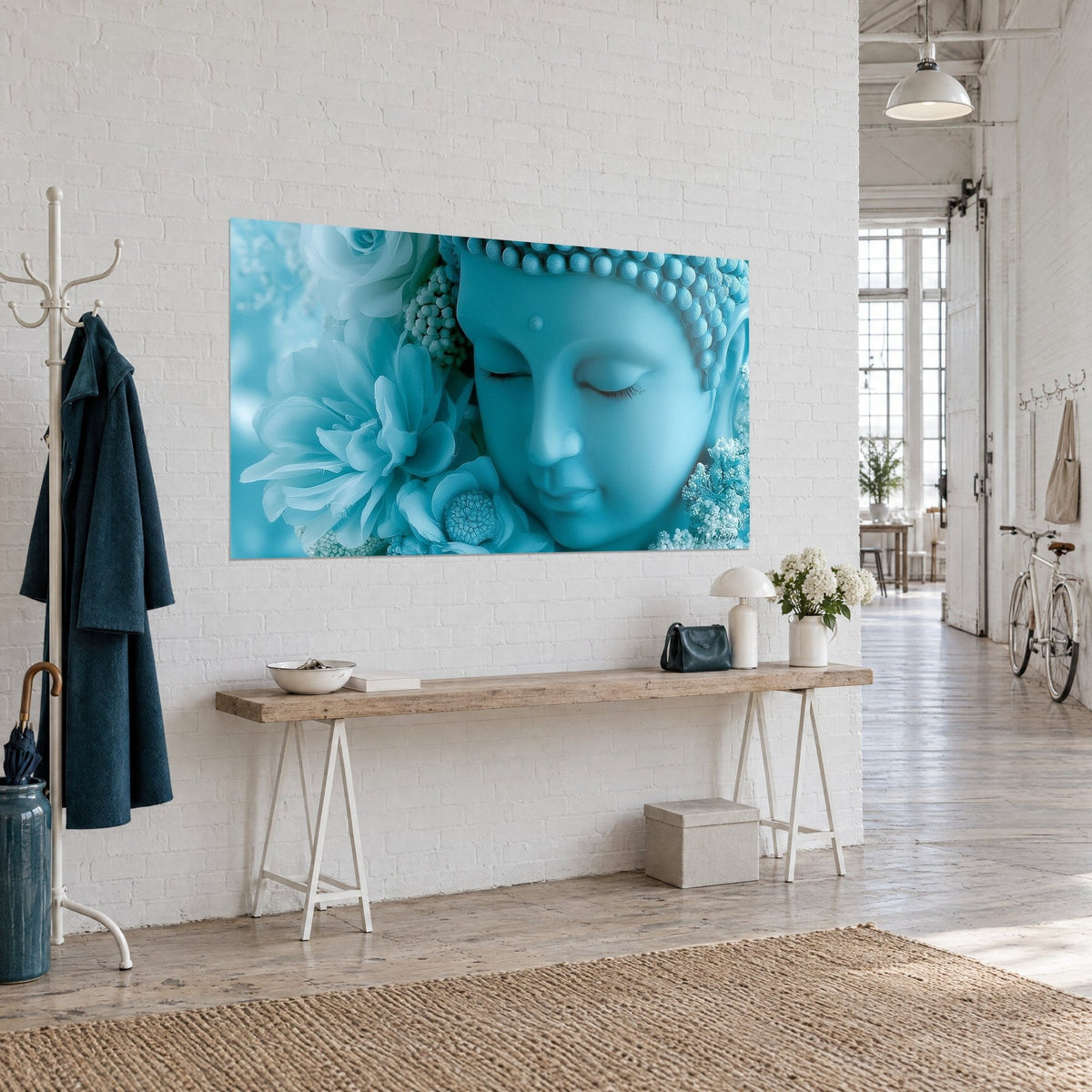 Tableau visage de statue bleu glacier, ushnisha en perles et pivoines givrées blanches, accroché sur un mur de loft d'artiste