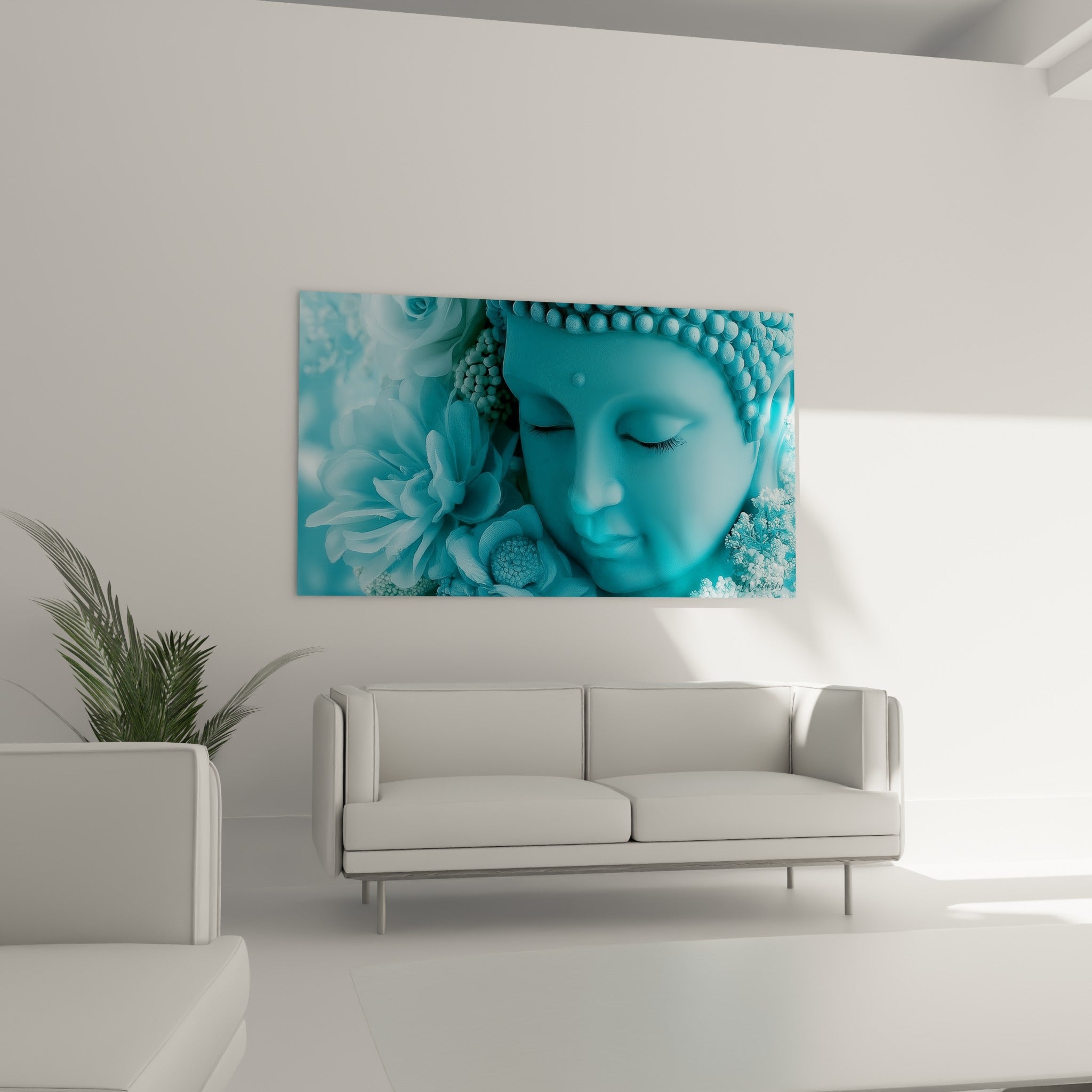 Sérénité du Bouddha en camaïeu bleu et blanc, accroché au-dessus d'un canapé dans un salon lumineux