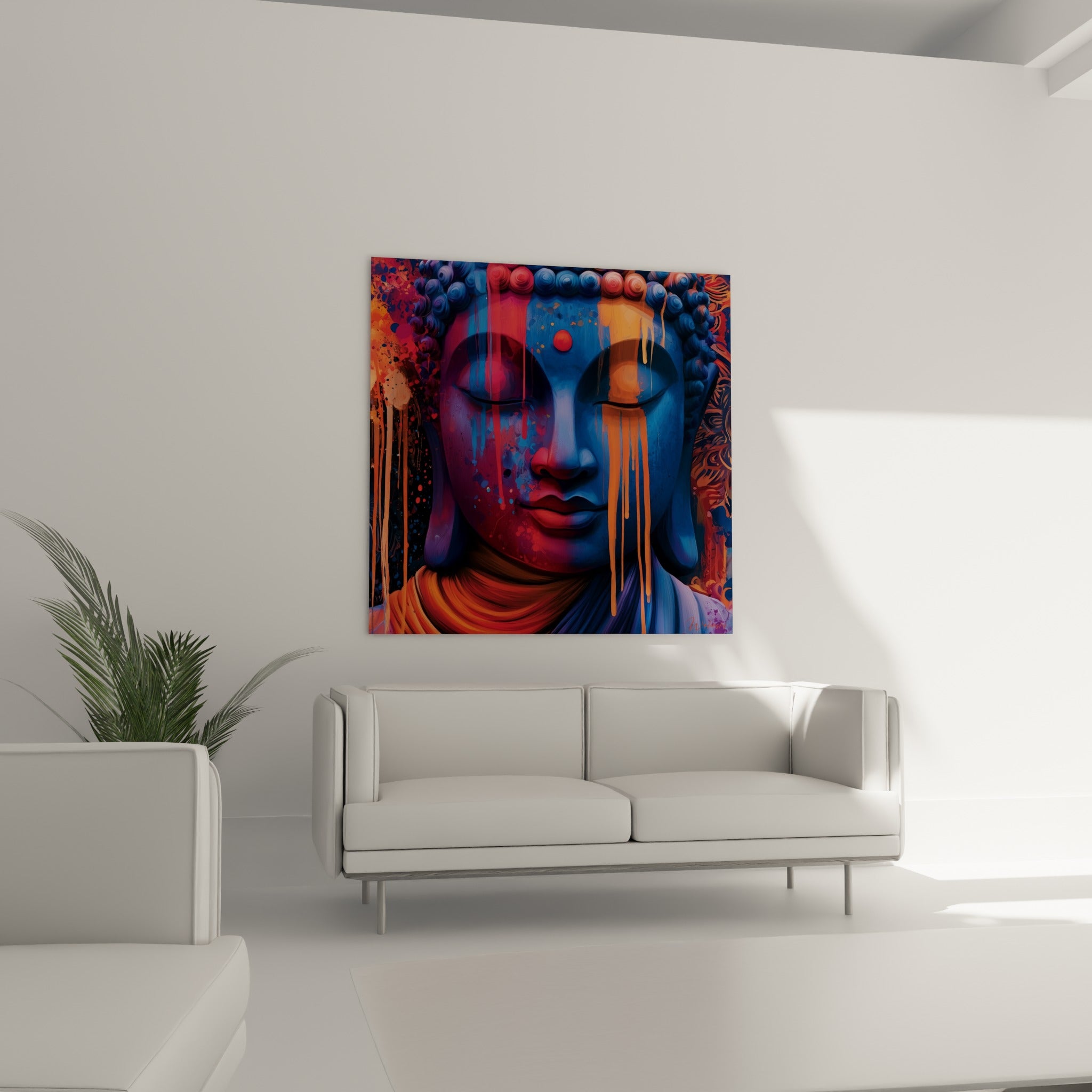 Visage bouddhique bleu marine aux coulures orangées, accroché au-dessus d'un canapé dans un salon lumineux