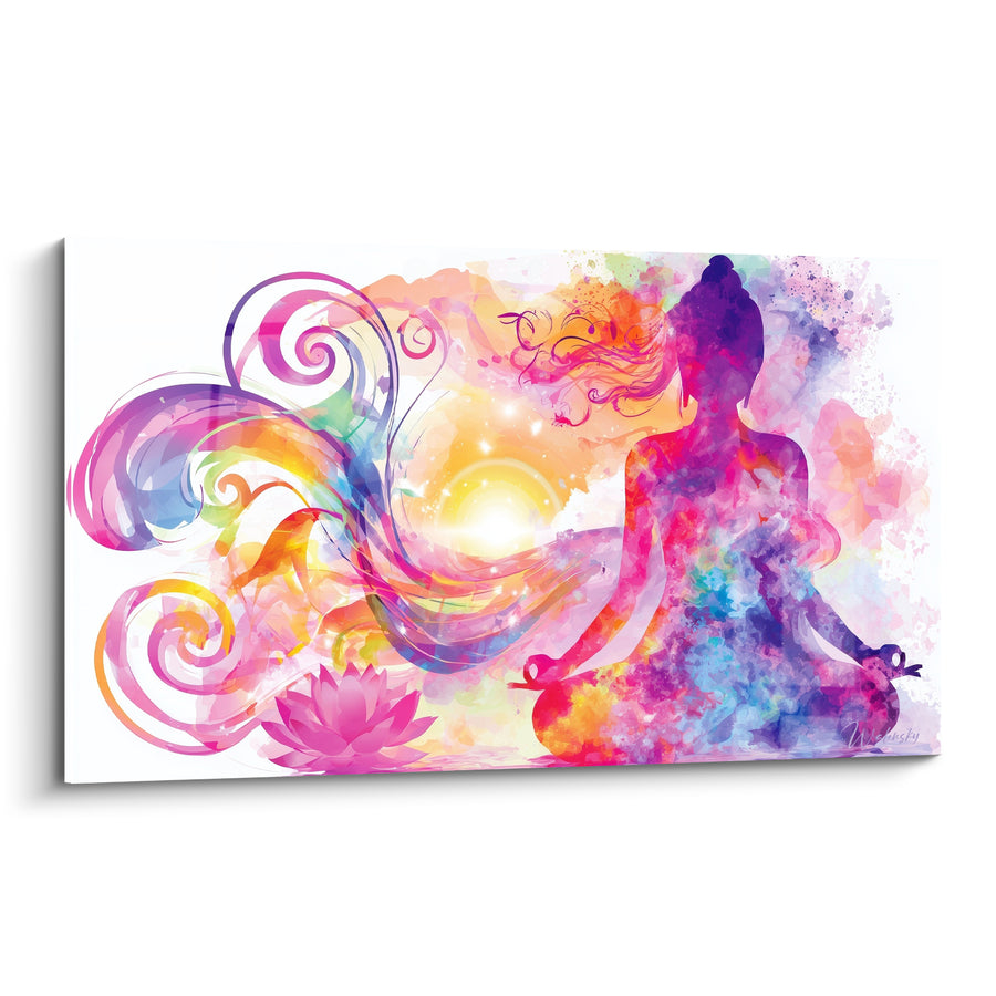 Tableau Silhouette rose et violette au lotus fleuri - Soleil éclatant en fond - Edition Bouddha