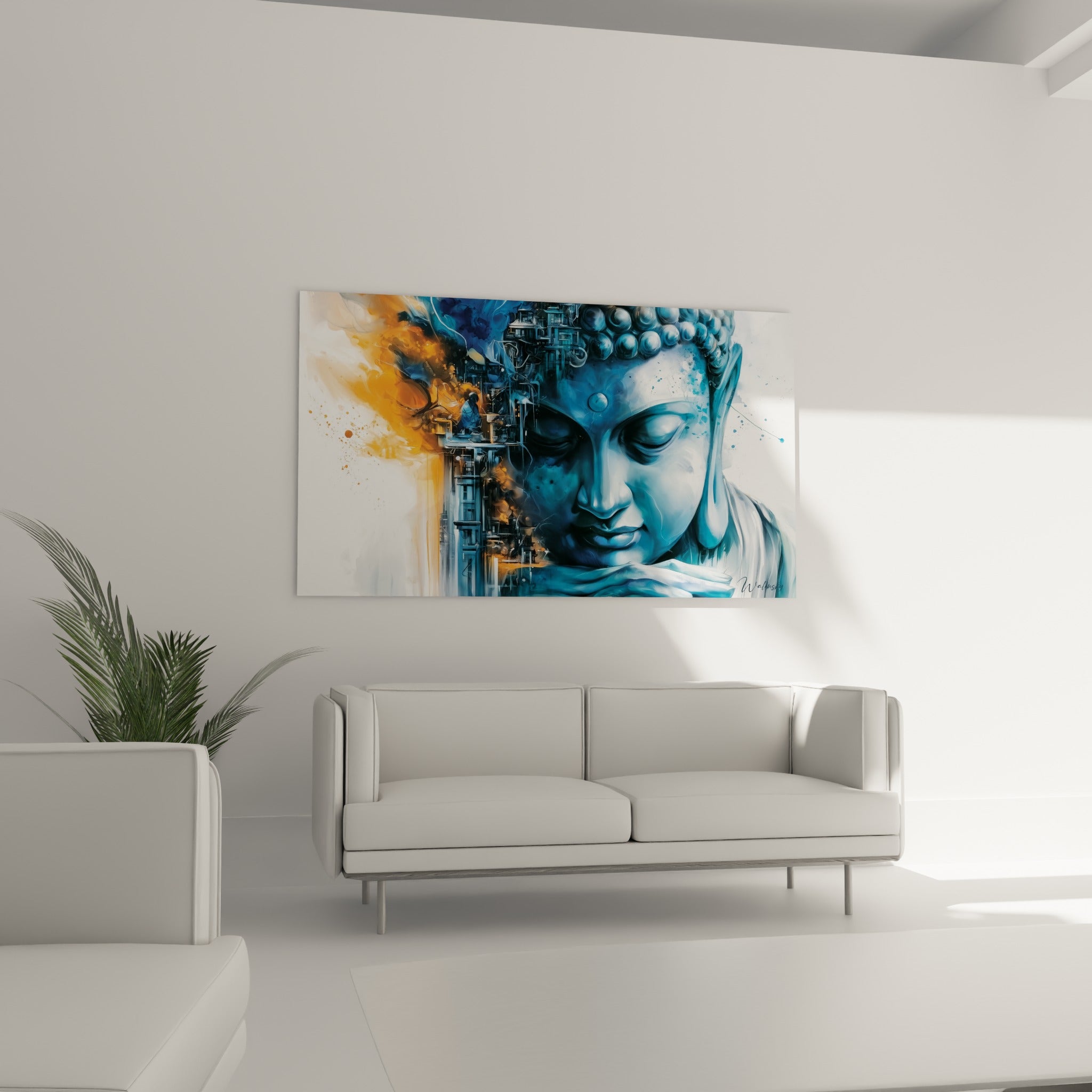 Recueillement du Bouddha anthracite et doré au-dessus d'un canapé dans un salon lumineux