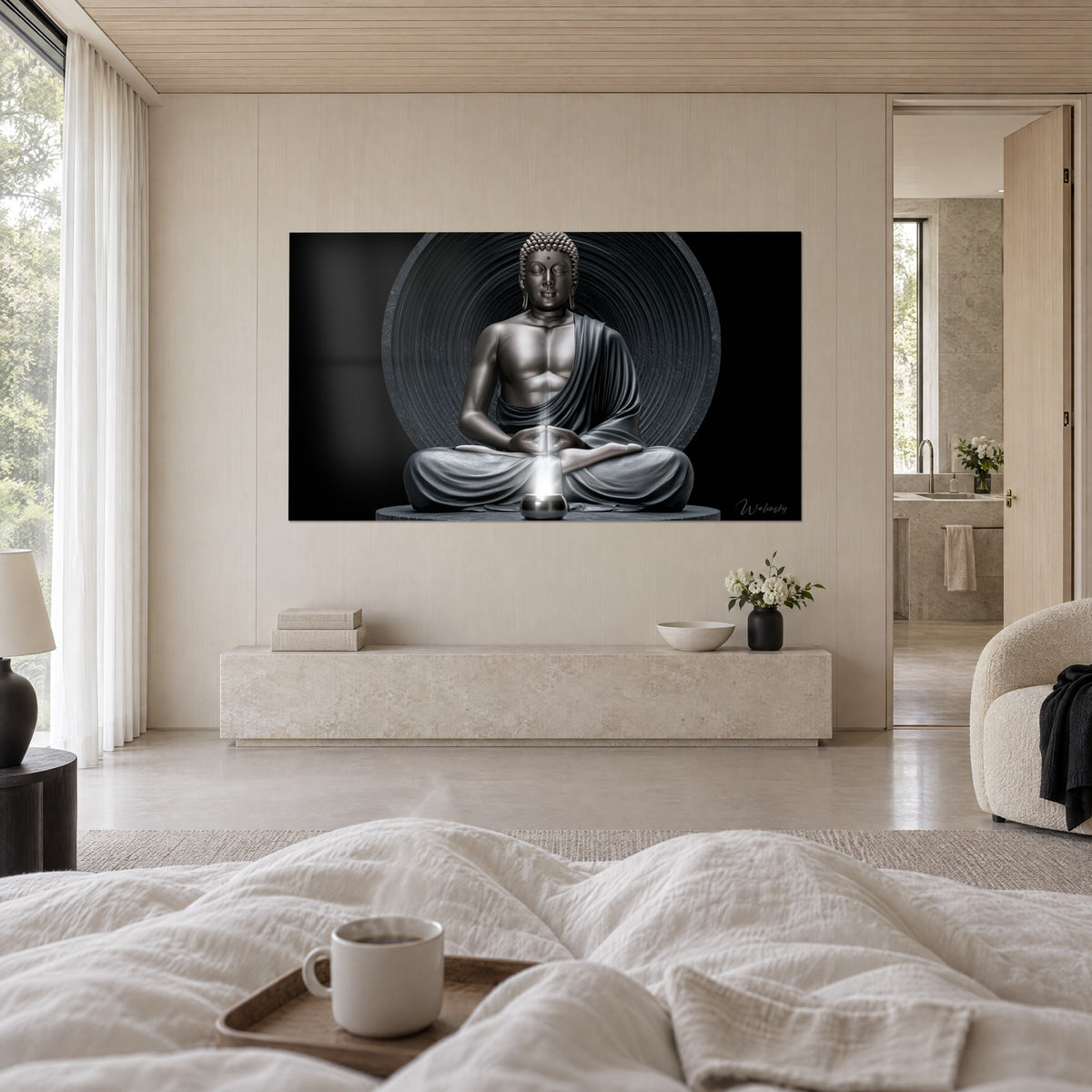 Cuadro deidad serena de párpados cerrados, piel de acero cepillado, túnica negra drapeada y halo de círculos concéntricos, encima de una cama en un dormitorio claro