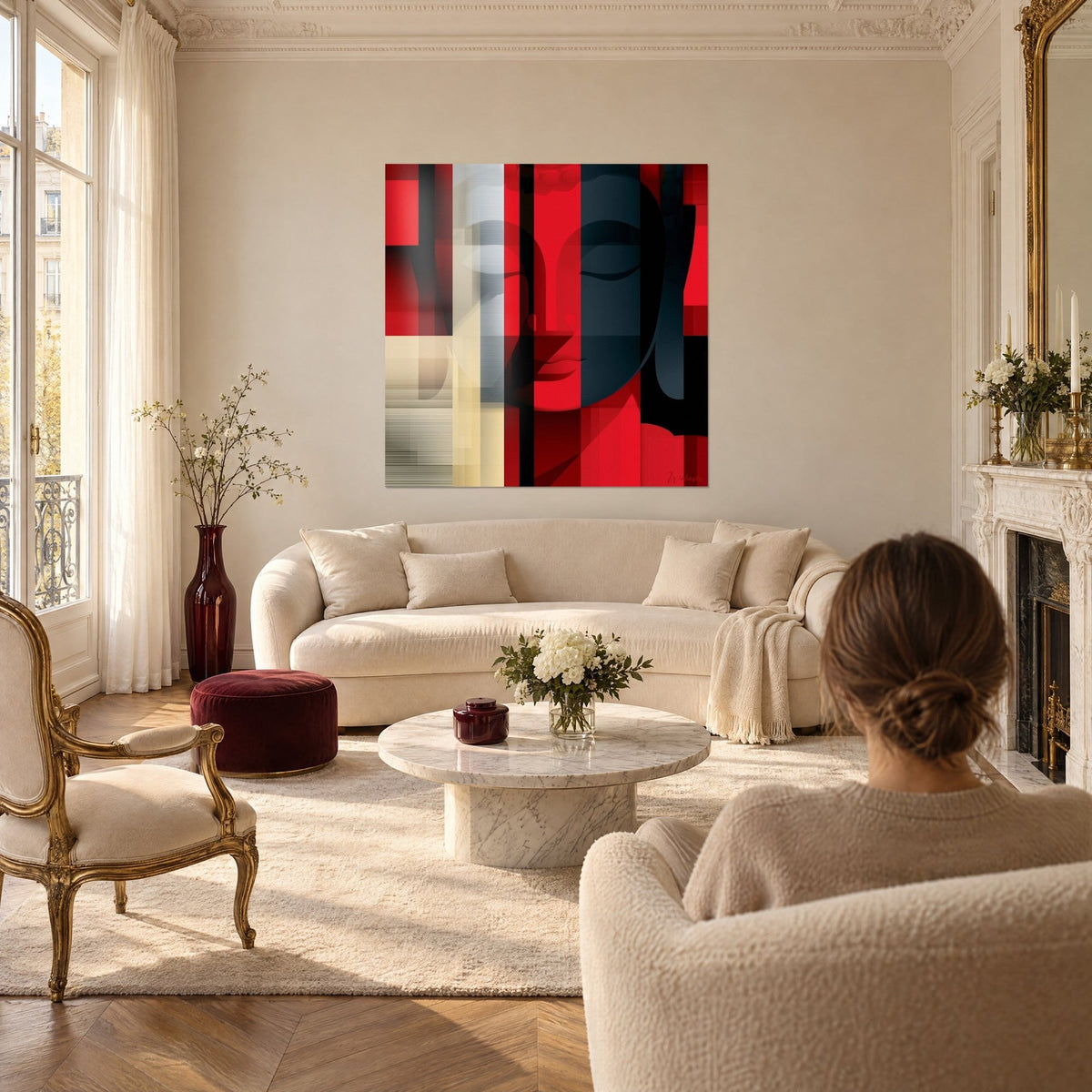 Tableau visage de Bouddha rouge vif et anthracite, bandes géométriques, femme de dos, au-dessus d'un canapé dans un salon lumineux