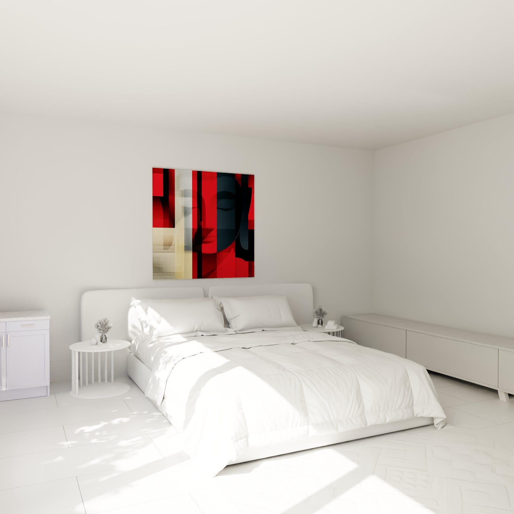 Visage de Bouddha rouge et anthracite au-dessus d'un lit dans une chambre claire