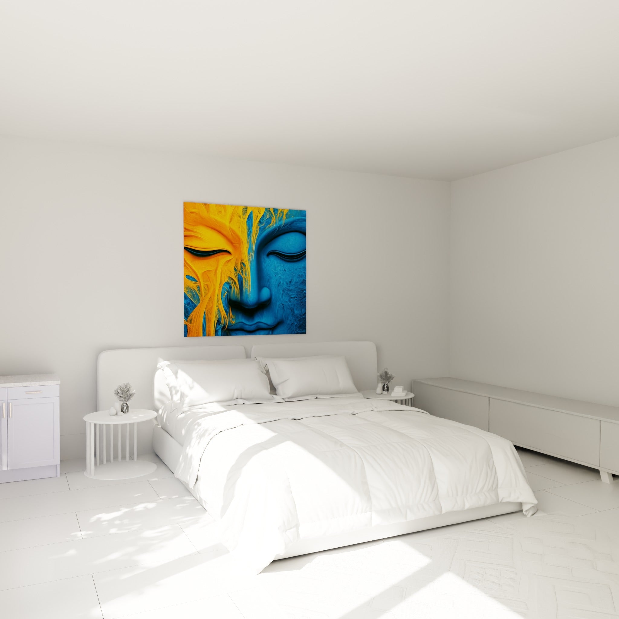 Bouddha bleu et doré aux paupières closes, accroché au-dessus d'un lit dans une chambre claire