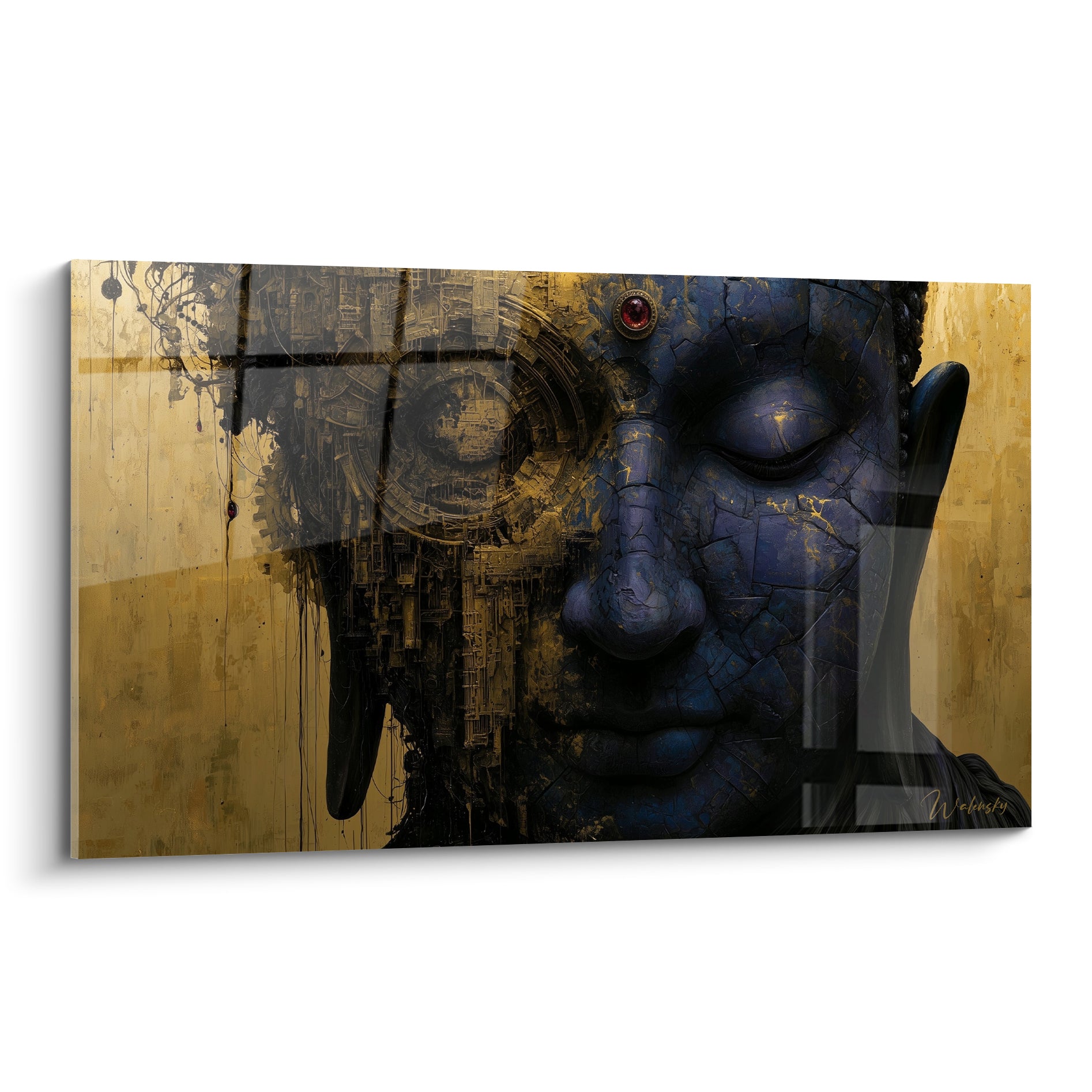 Bouddha bleu anthracite aux rouages dorés, visage craquelé sur fond ocre lumineux