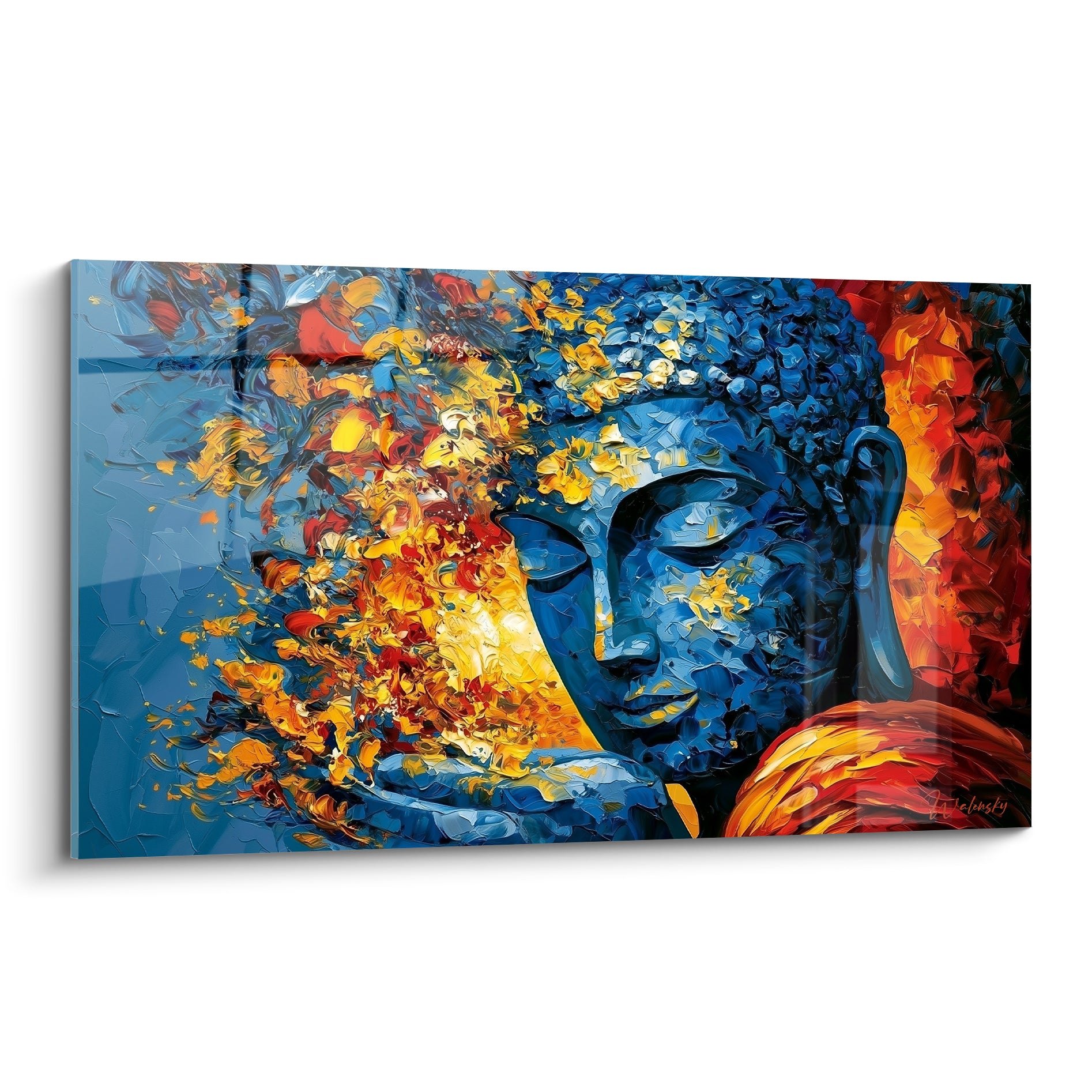 Bouddha au visage bleu et doré, yeux clos, matière éclatée en flammes orangées