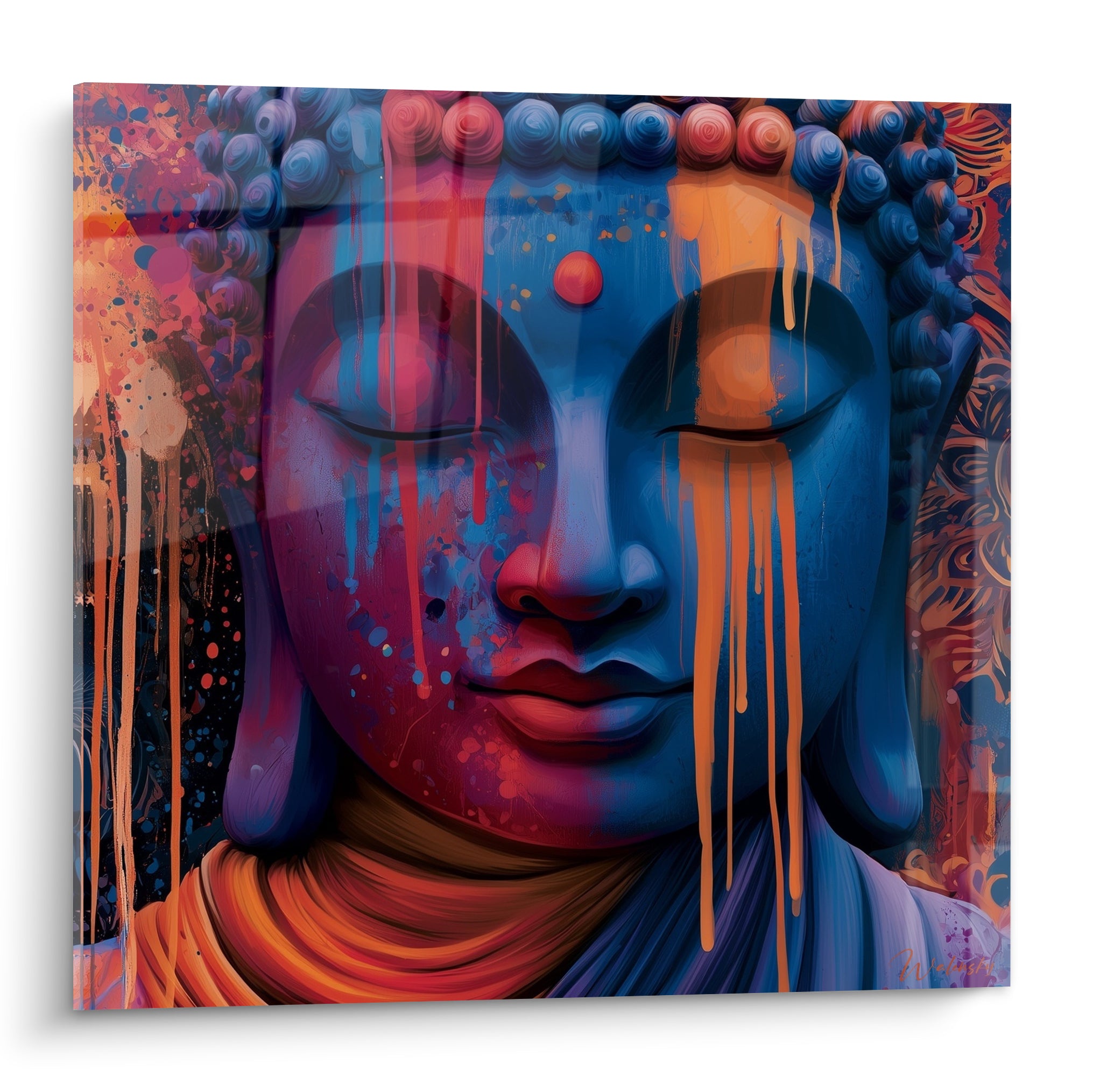 Bouddha aux yeux clos, visage bleu marine strié de coulures orange et bordeaux vives