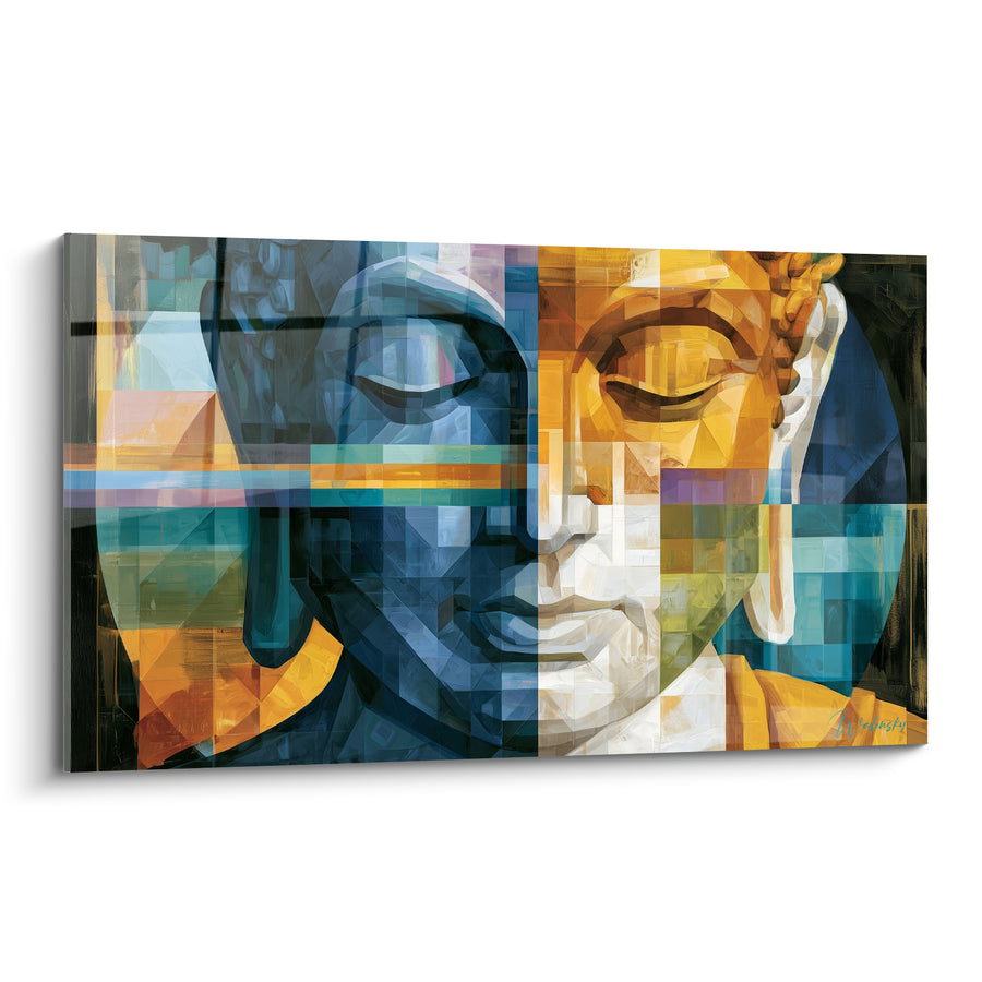 Tableau Visage bleu et doré aux fragments cubistes - Symétrie du visage divisé - Edition Bouddha