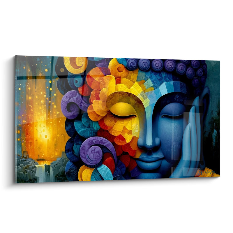 Tableau Visage bleu et jaune aux volutes en éventail - Soleil sur les ruines - Edition Bouddha
