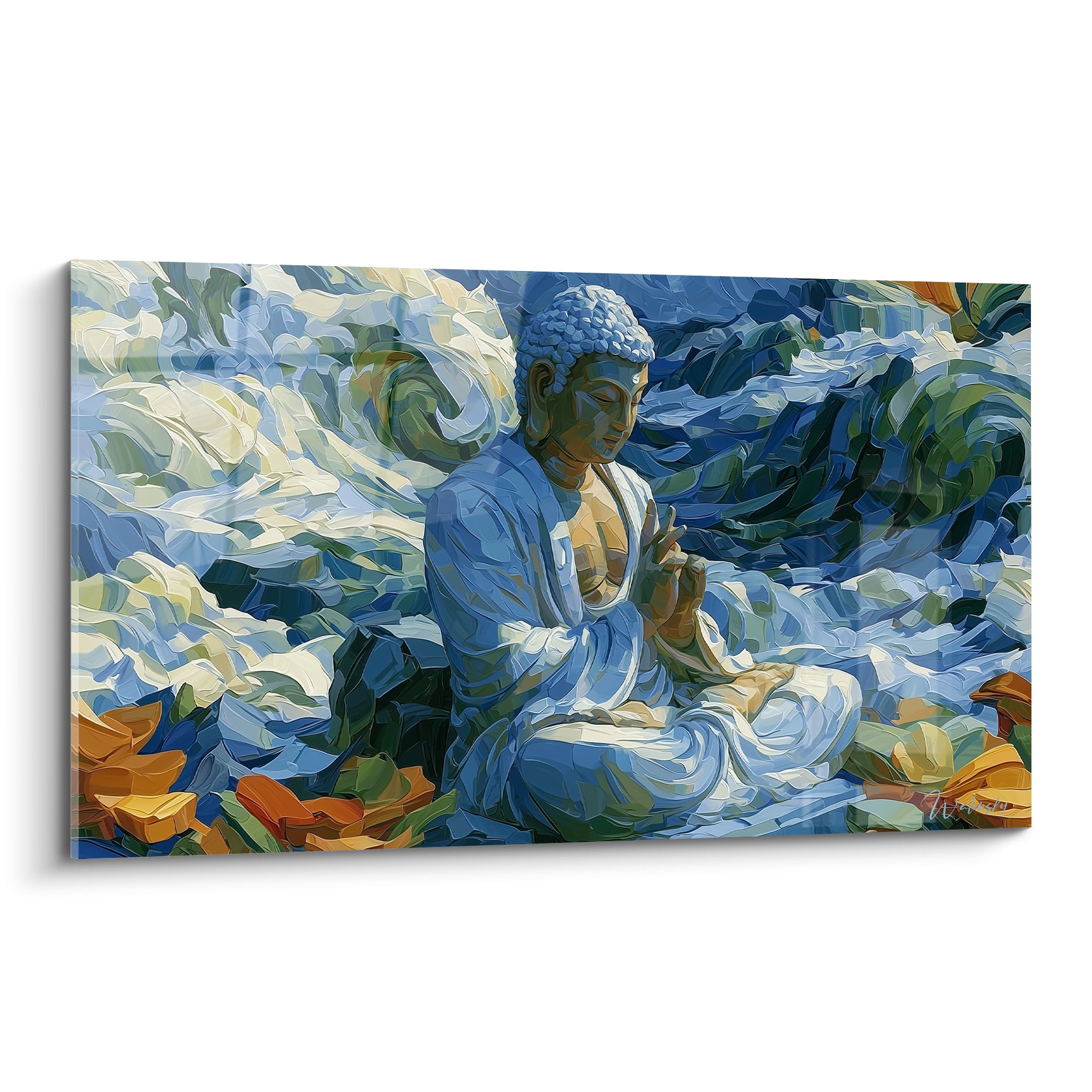 Statue de Bouddha bleu marine et doré en méditation parmi des vagues turquoise et vertes