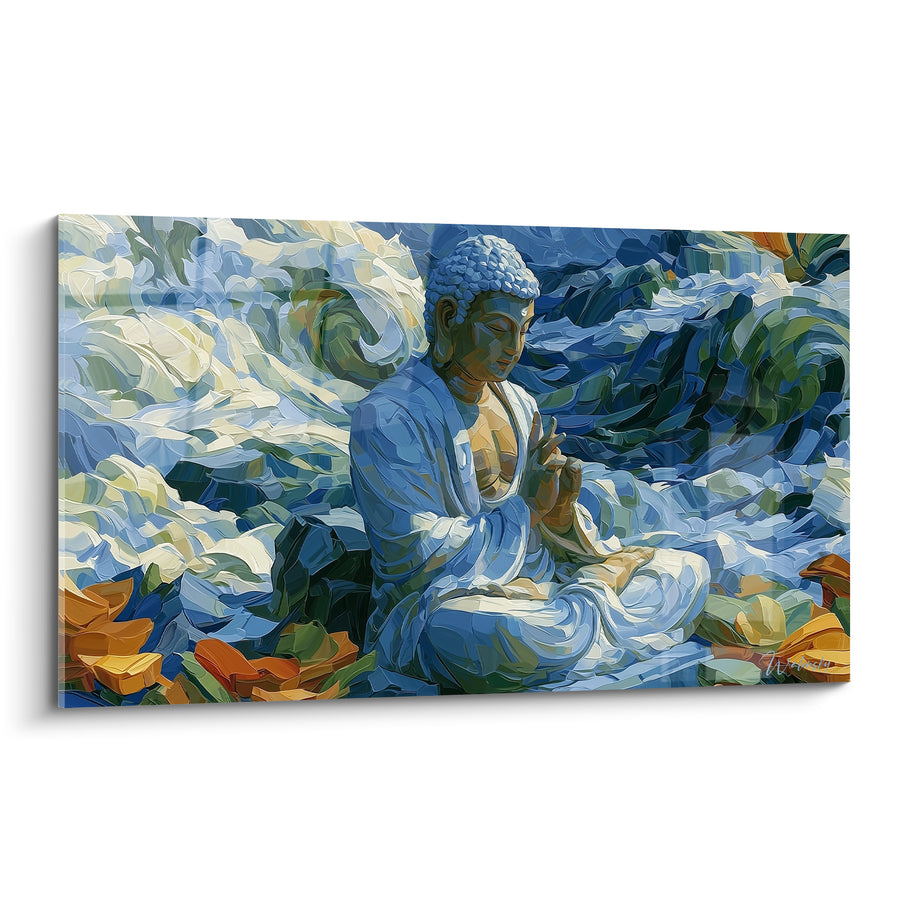 Tableau Statue bleue et dorée parmi les vagues - Sérénité dans la tempête - Edition Bouddha