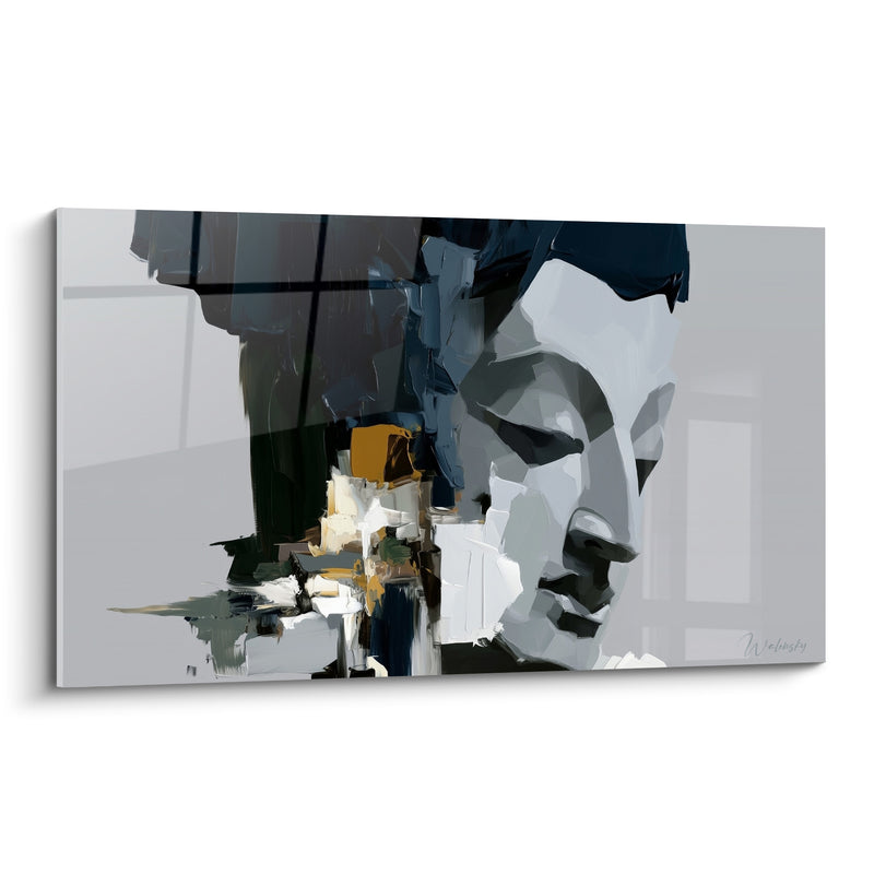 Tableau Visage bleu marine et blanc aux blocs fragmentés - Éclats ocre dispersés - Edition Bouddha
