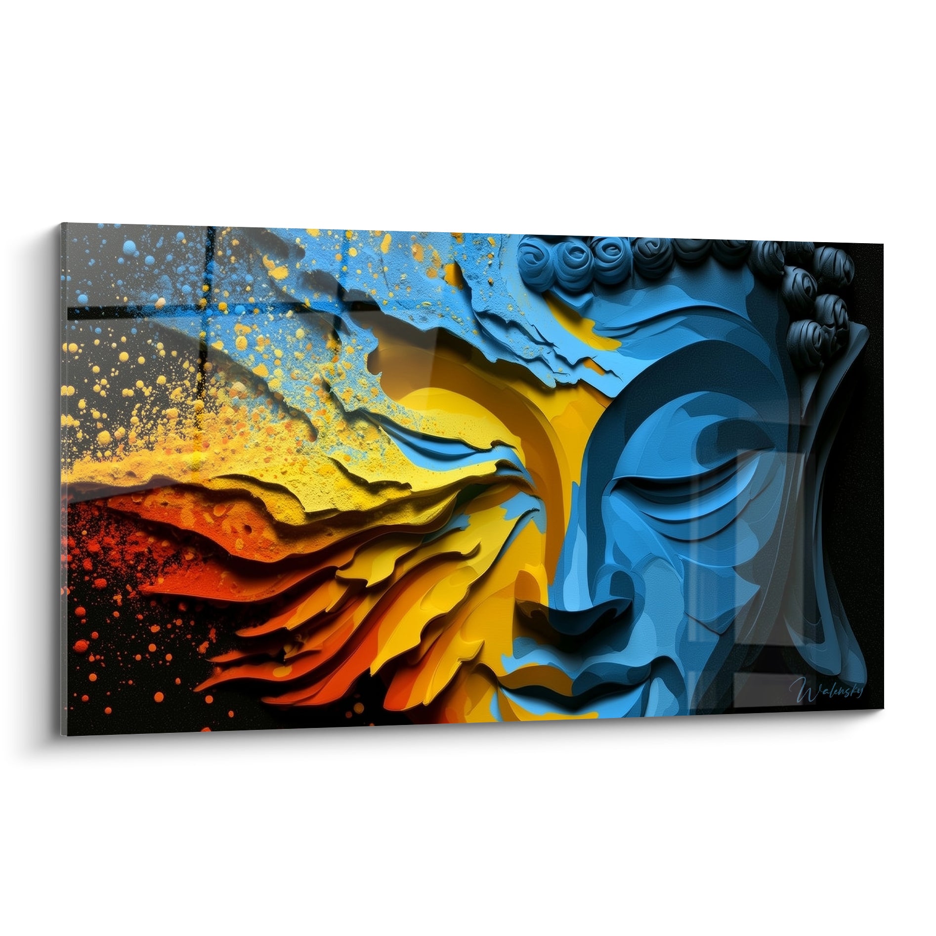 Bouddha à la moitié bleue et moitié orange, visage sculpté aux flammes dorées éclatées