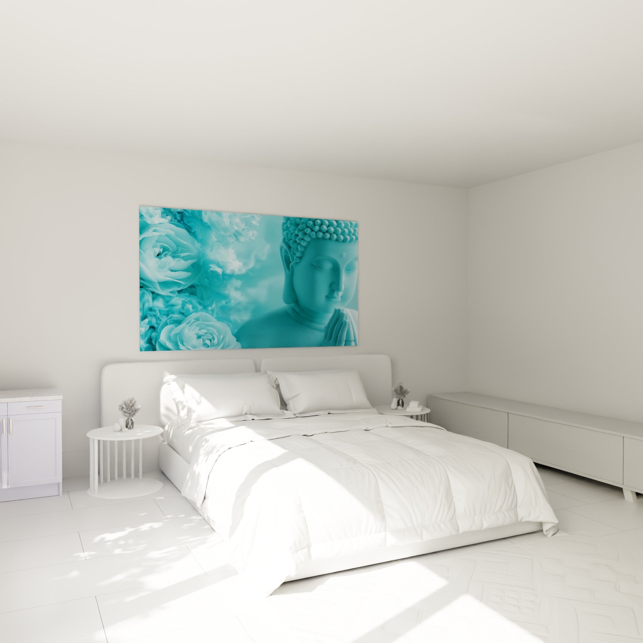 Silhouette du Bouddha turquoise et roses vaporeuses, au-dessus d'un lit dans une chambre claire