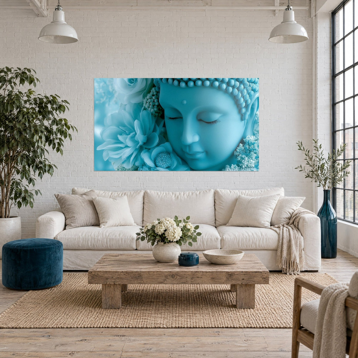 Tableau Bouddha serein aux paupières closes, turquoise et blanc, entouré de roses pâles, au-dessus d'un canapé dans un salon lumineux
