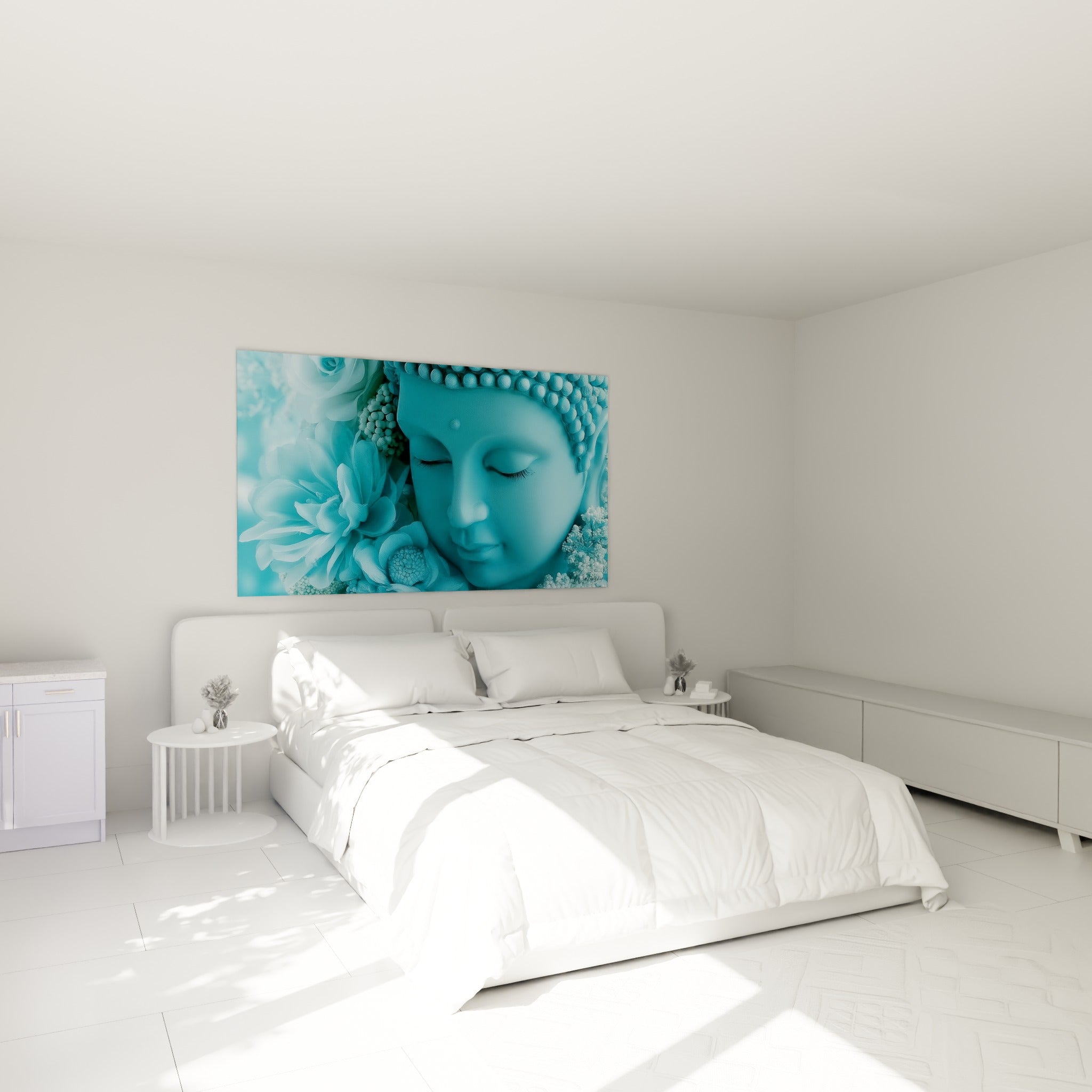 Visage bouddhiste bleu turquoise et blanc nacré au-dessus d'un lit dans une chambre claire