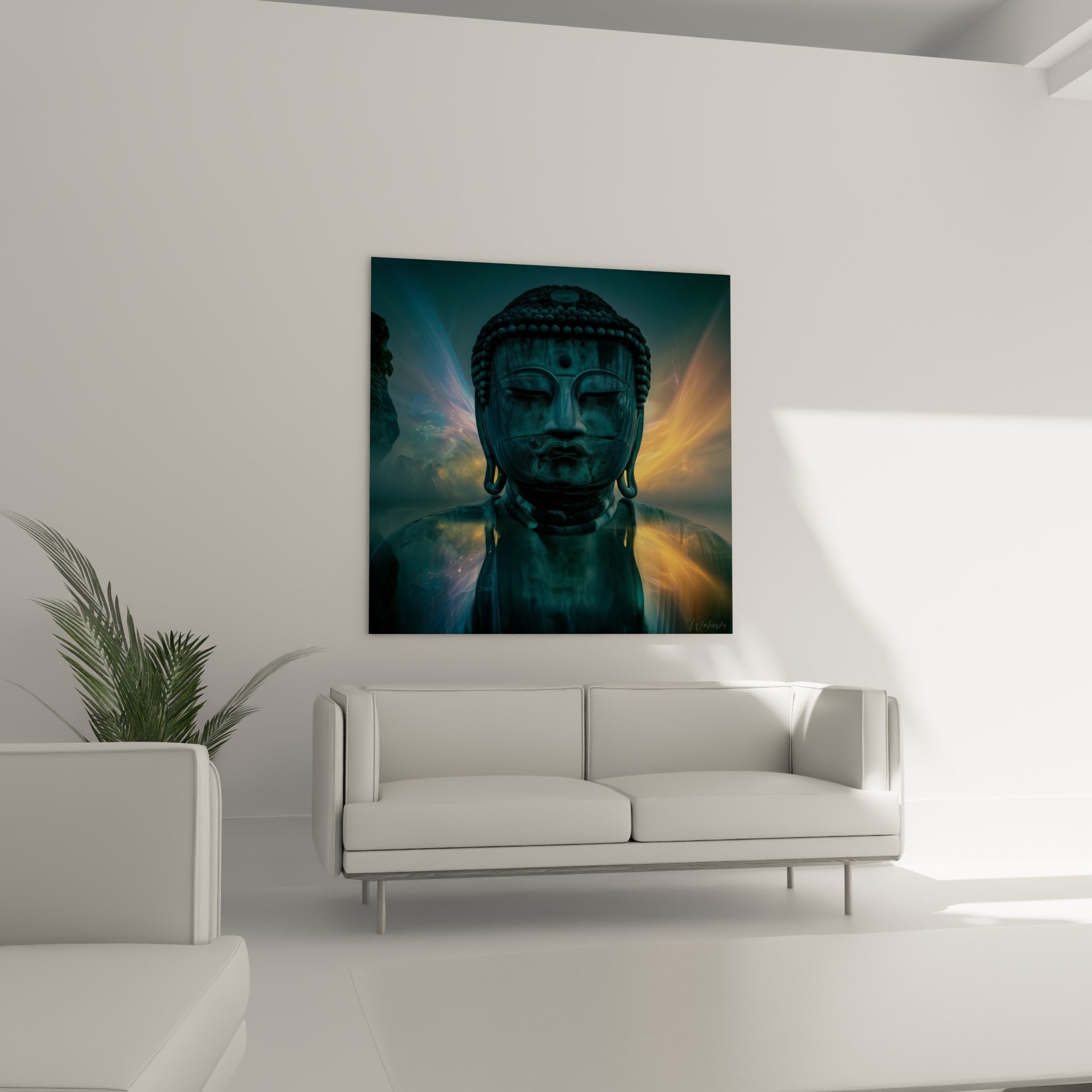Statue de Bouddha anthracite et reflets dorés placée au-dessus d'un canapé dans un salon lumineux