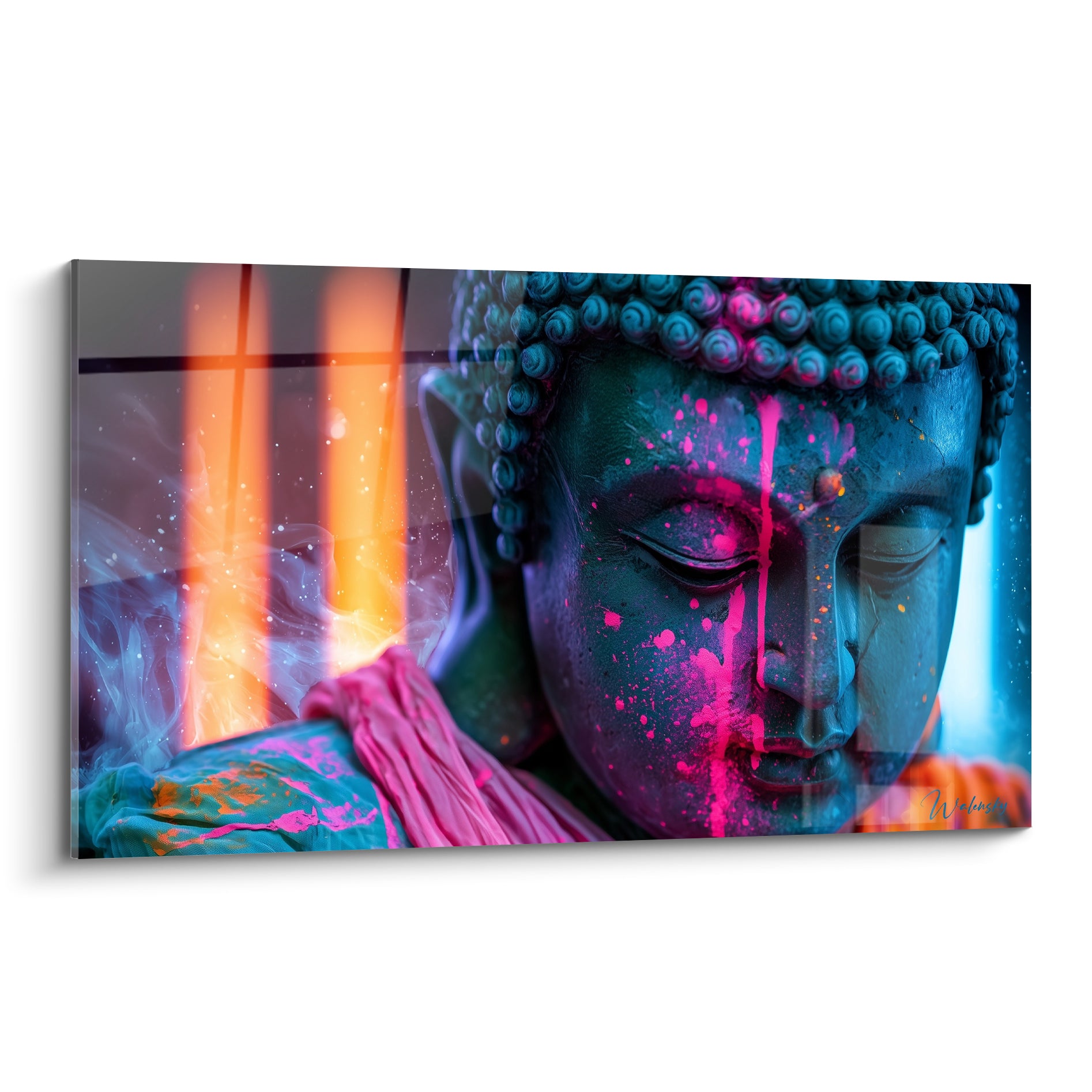 Bouddha bleu pétrole au visage éclaboussé de rose fuchsia, coulures et lumière orange en fond