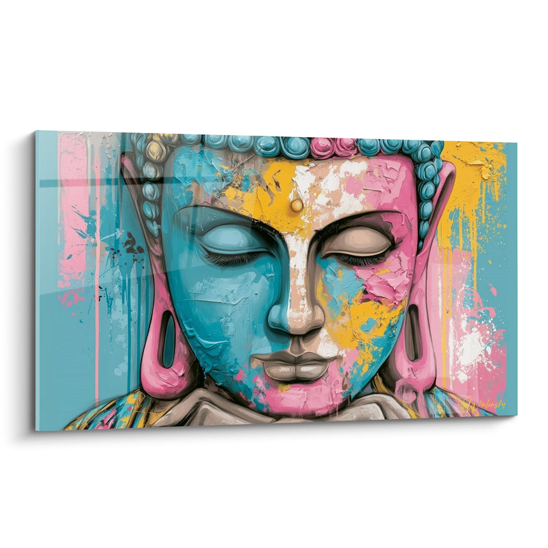 Tableau Visage bleu et rose aux éclaboussures dorées - Fresque intérieure vibrante - Edition Bouddha