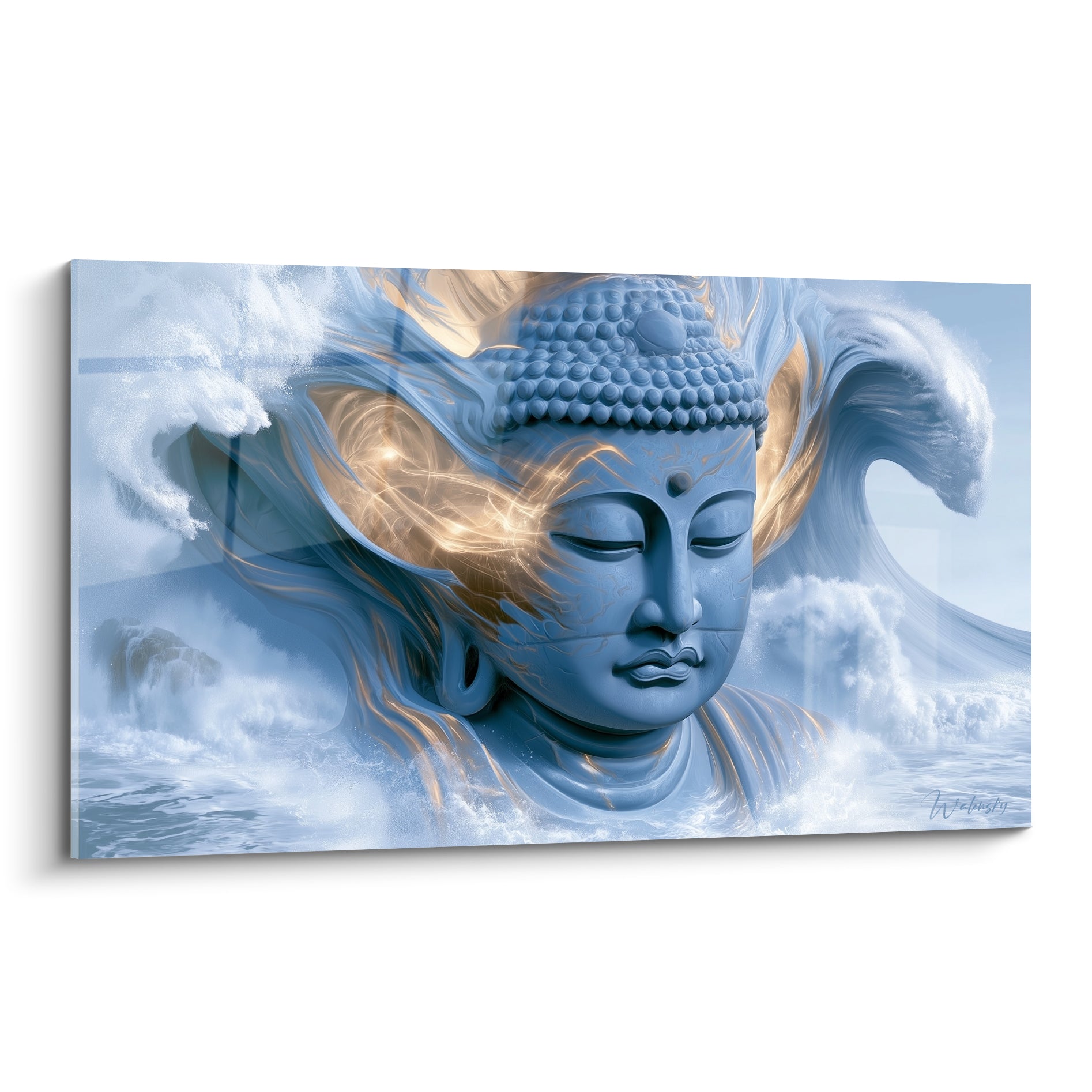 Bouddha bleu ardoise aux mèches dorées émergeant de vagues blanches écumantes
