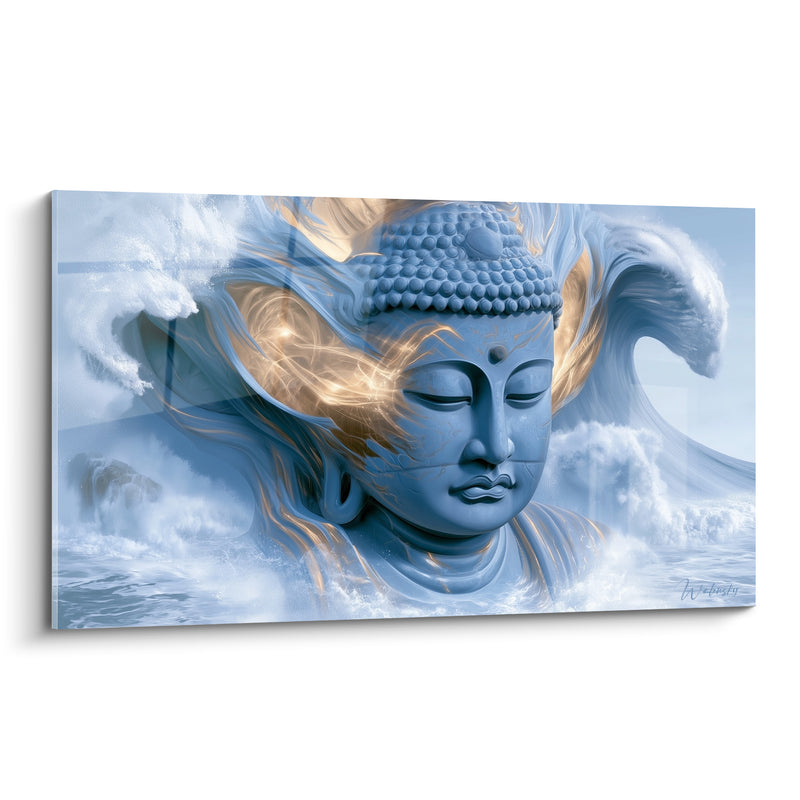 Tableau Visage bleu et doré émergeant des vagues - Écume déferlante blanche - Edition Bouddha