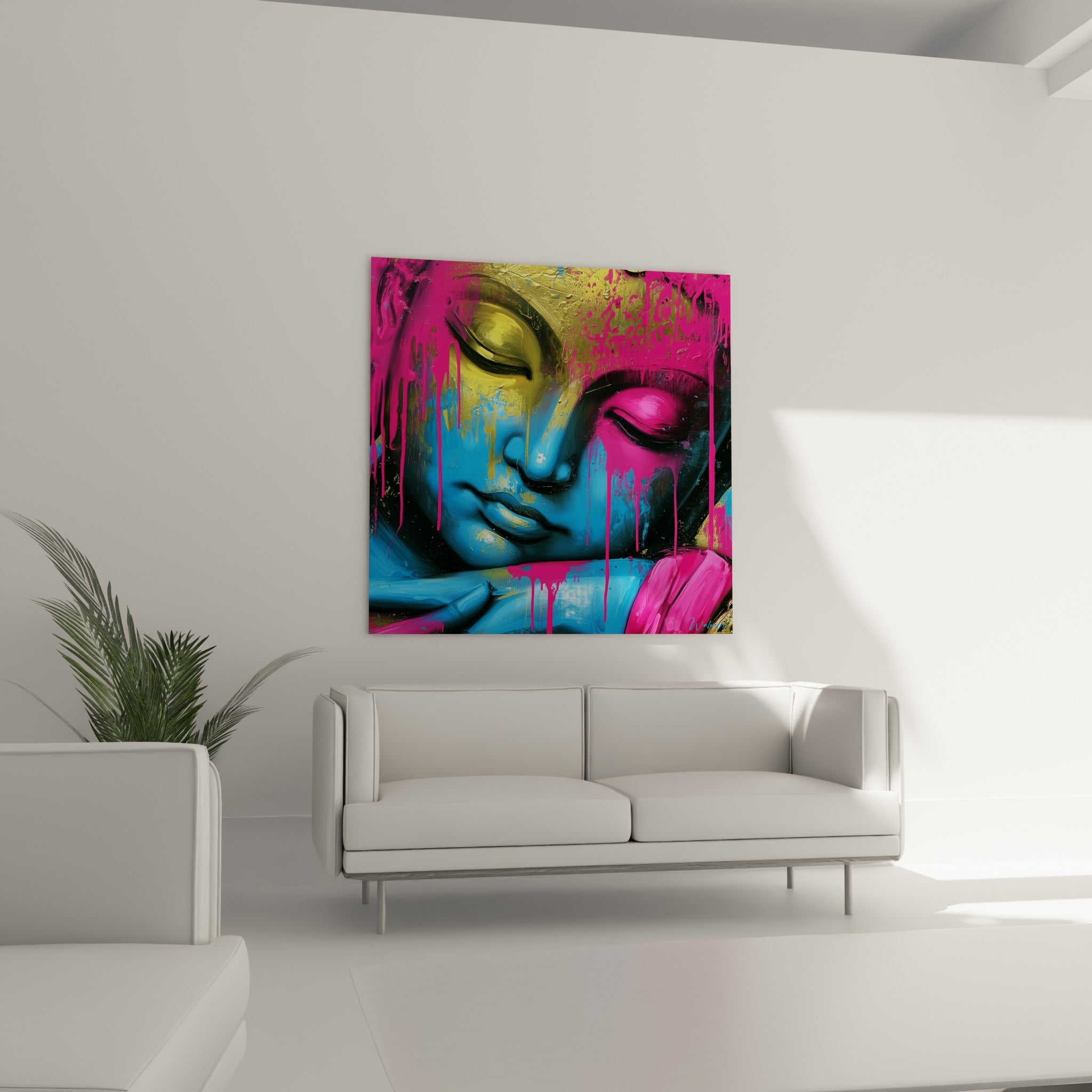 Portrait de Bouddha rose fuchsia et bleu vif, au-dessus d'un canapé dans un salon lumineux