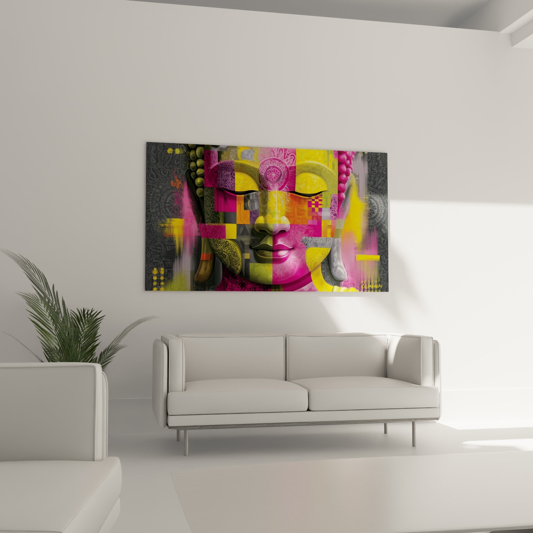 Visage de Bouddha en damier rose fuchsia et olive, yeux mi-clos, au-dessus d'un canapé dans un salon lumineux
