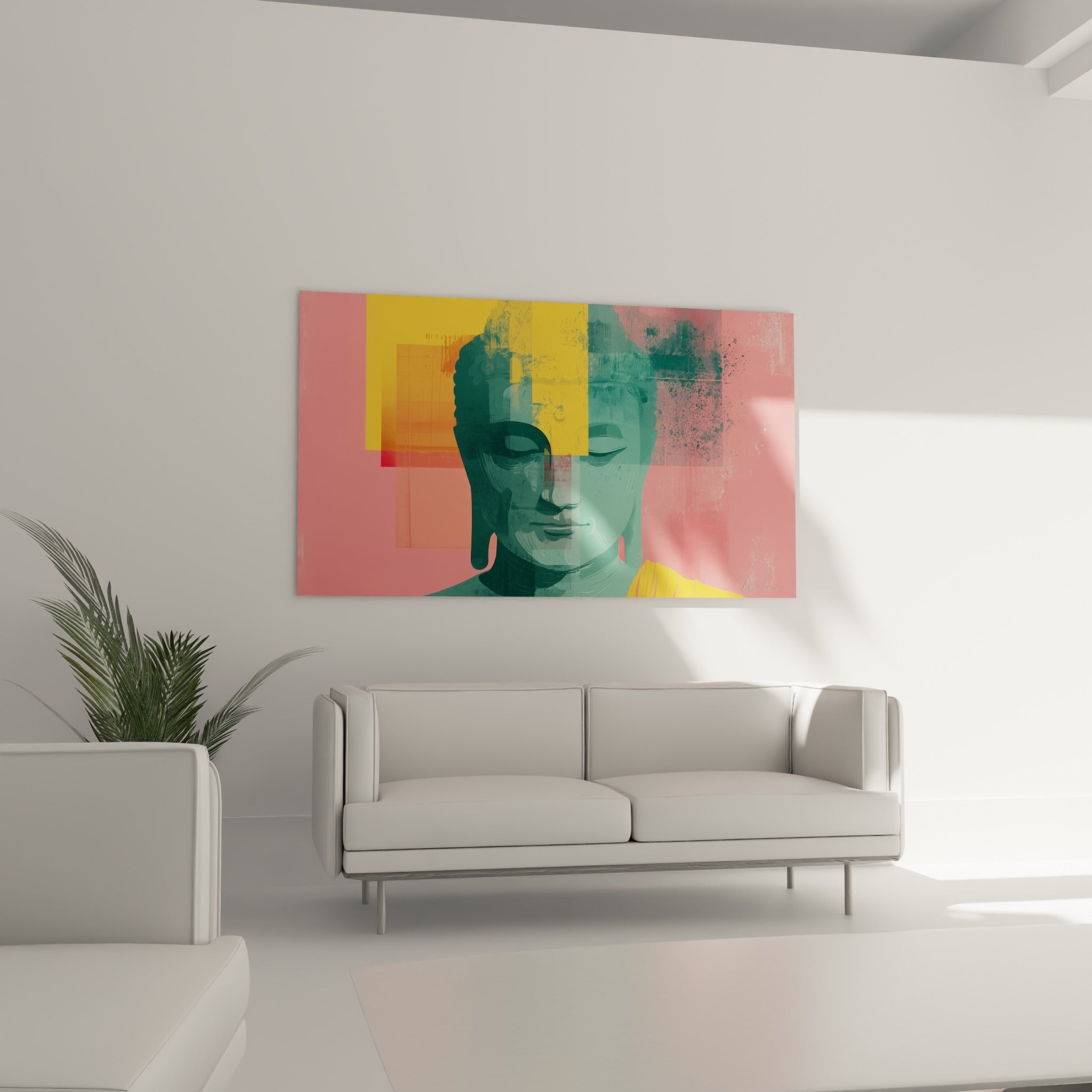 Sérénité du Bouddha jaune moutarde et rose saumon au-dessus d'un canapé dans un salon lumineux