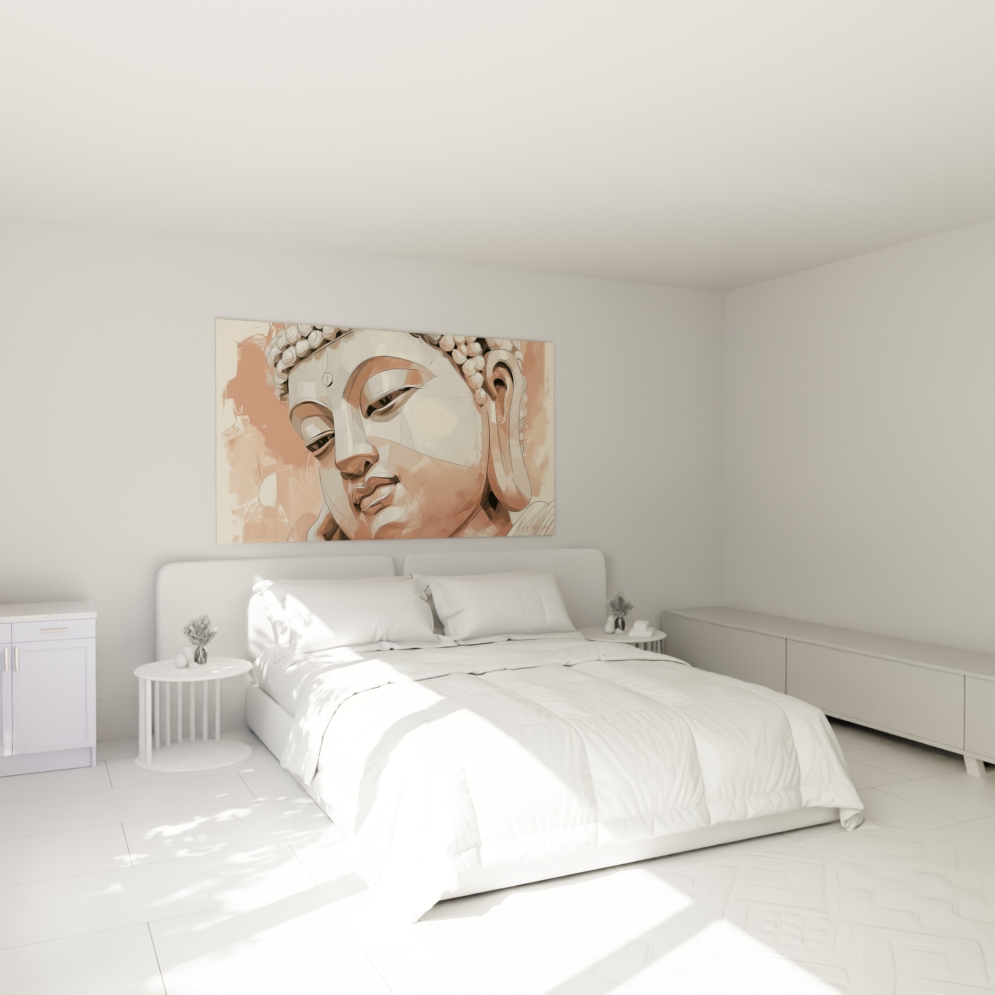 Visage Bouddha terracotta aux ombres anthracite, accroché au-dessus d'un lit dans une chambre claire