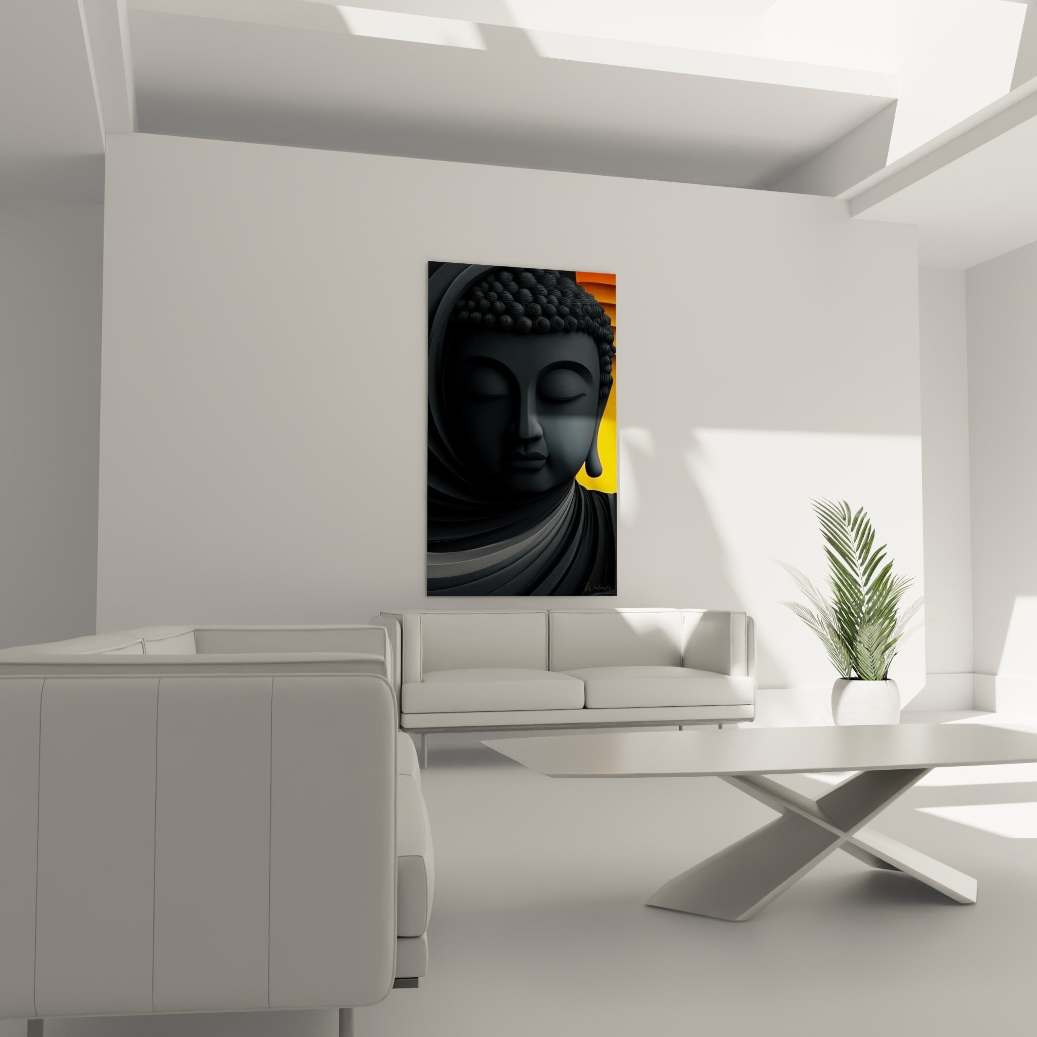 Profil du Bouddha aux boucles sculptées, tons anthracite et orange, au-dessus d'un canapé dans un salon lumineux