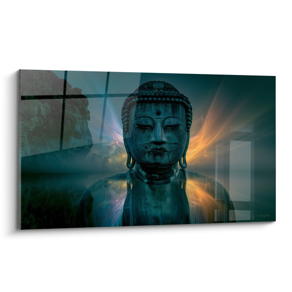 Bronze Statue with Blue and Orange Flames Tableau - Overlapping Windows and Rock - Buddha Edition