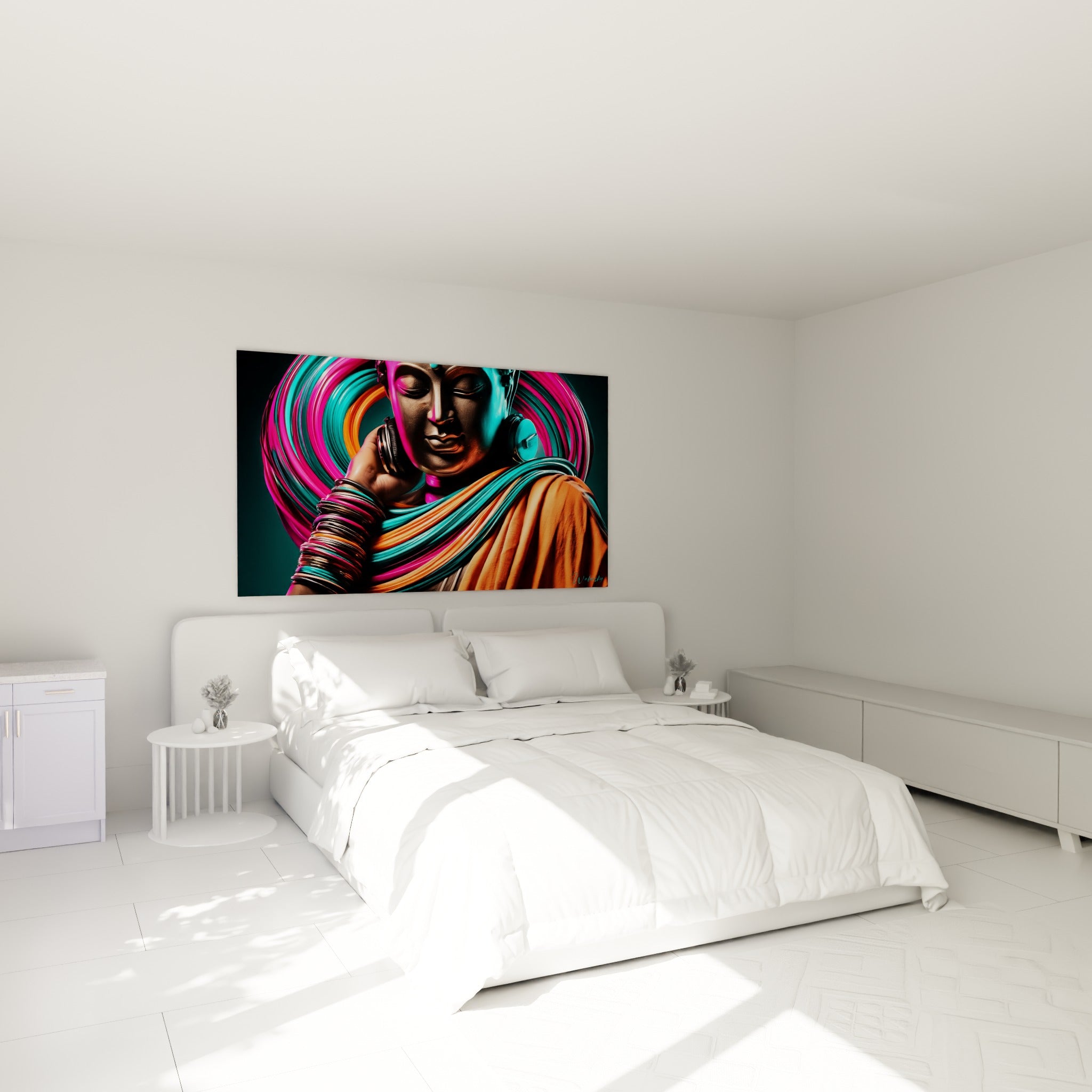 Sagesse au casque audio, reflets bronze et fuchsia, accrochée au-dessus d'un lit dans une chambre claire