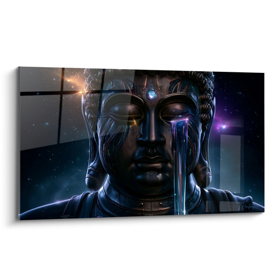 Bouddha en bronze anthracite, larme violette lumineuse traversant le visage sur fond étoilé bleu marine.