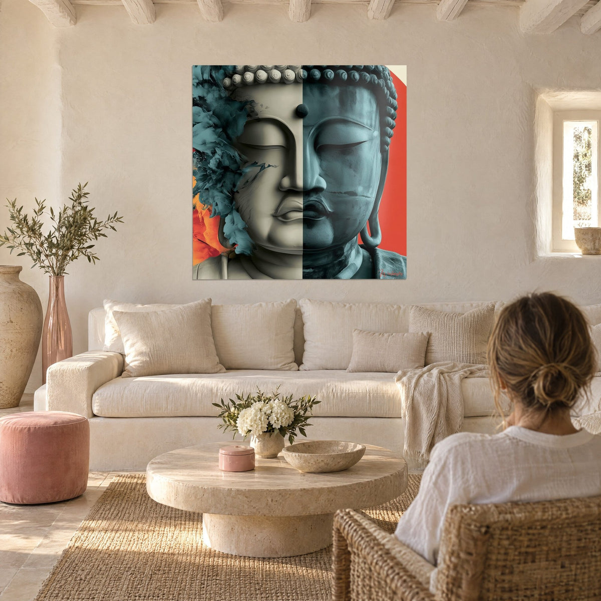 Tableau Bouddha à moitié ivoire, moitié bleu-gris, fond rouge corail, deux personnes de dos au-dessus d'un canapé dans un salon lumineux
