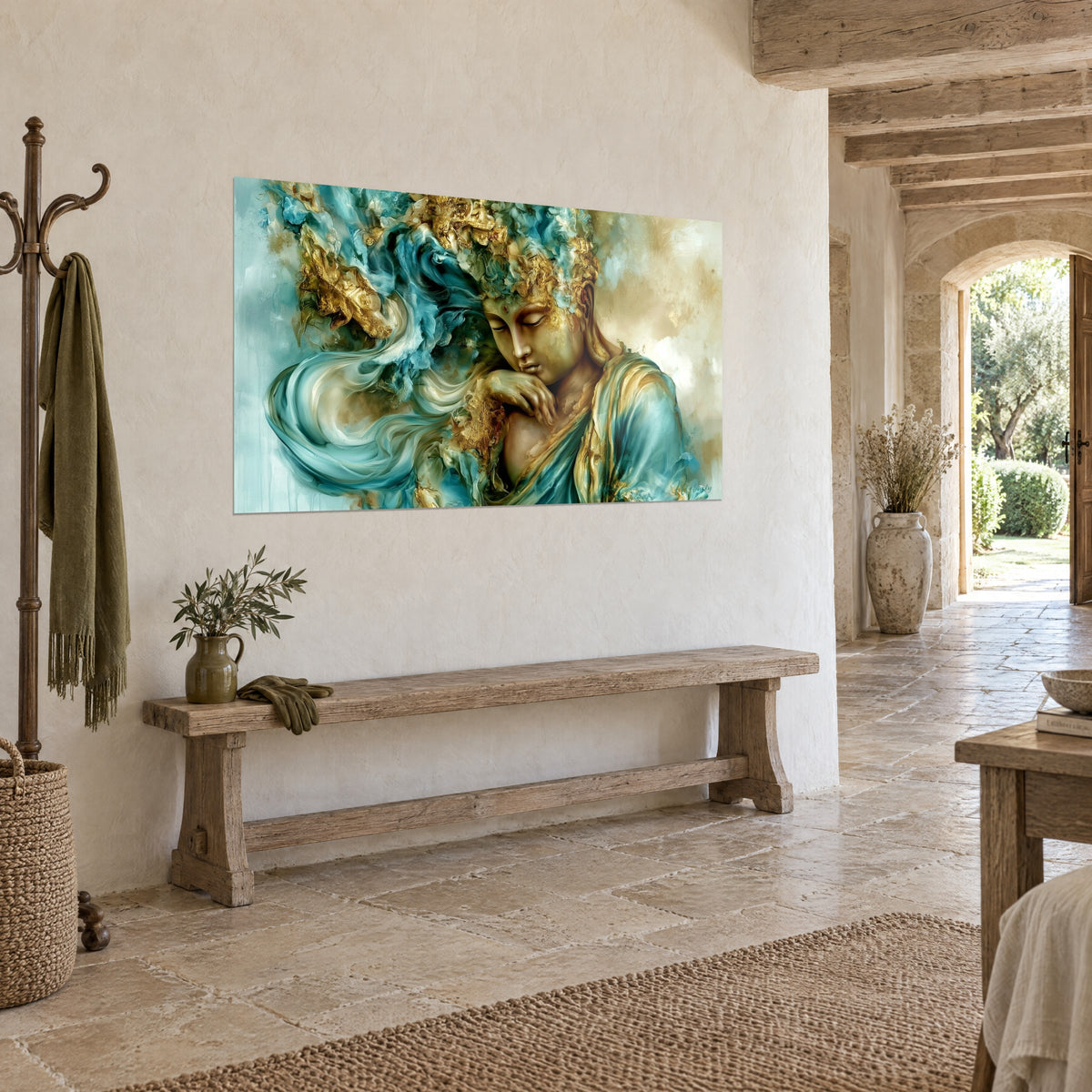 Tableau sage méditatif aux paupières baissées, feuilles d'or et drapé bleu-vert, sur un mur de pierre, entrée voûtée au fond