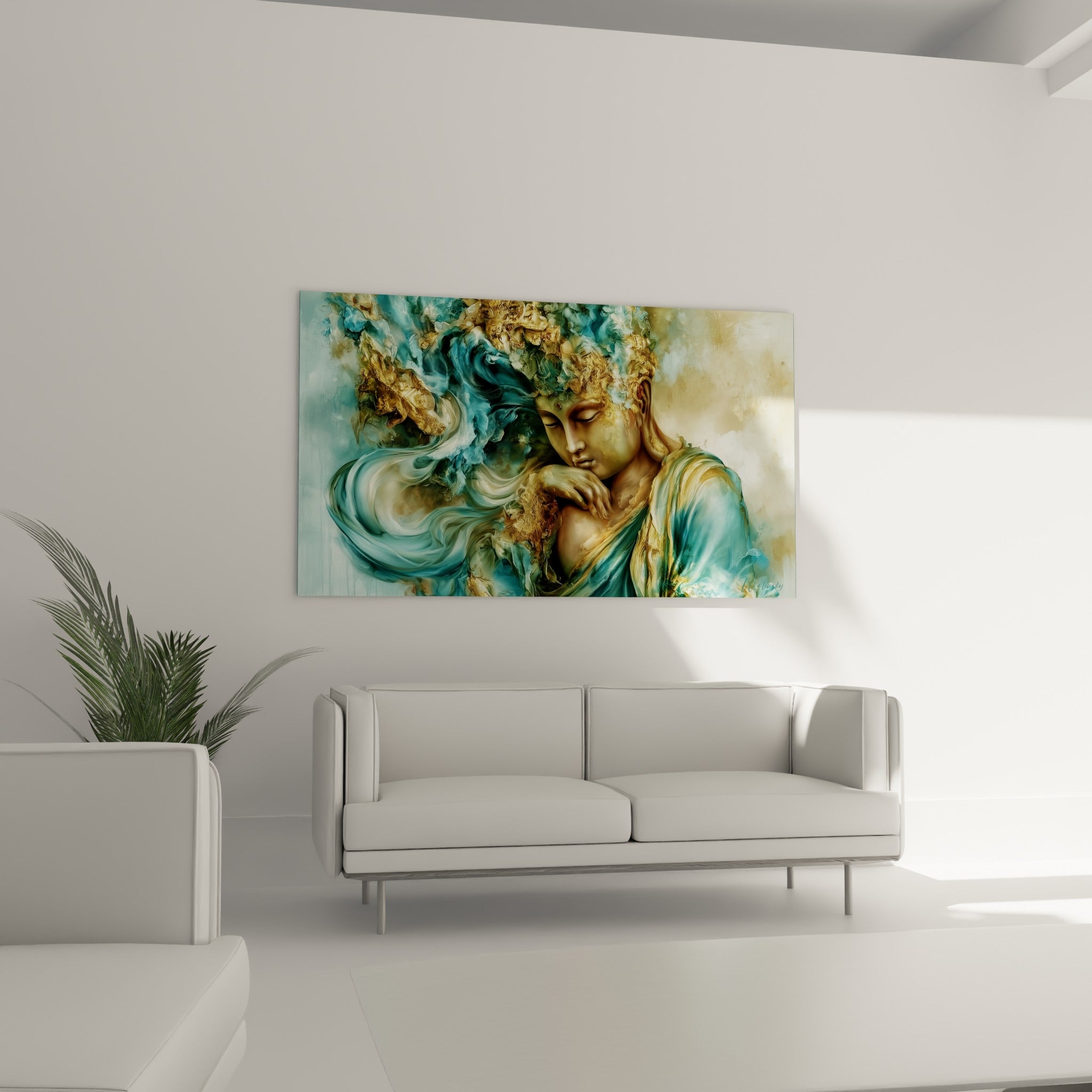Bouddha contemplatif en teintes turquoise et bronze, main sous le menton, au-dessus d'un canapé dans un salon lumineux
