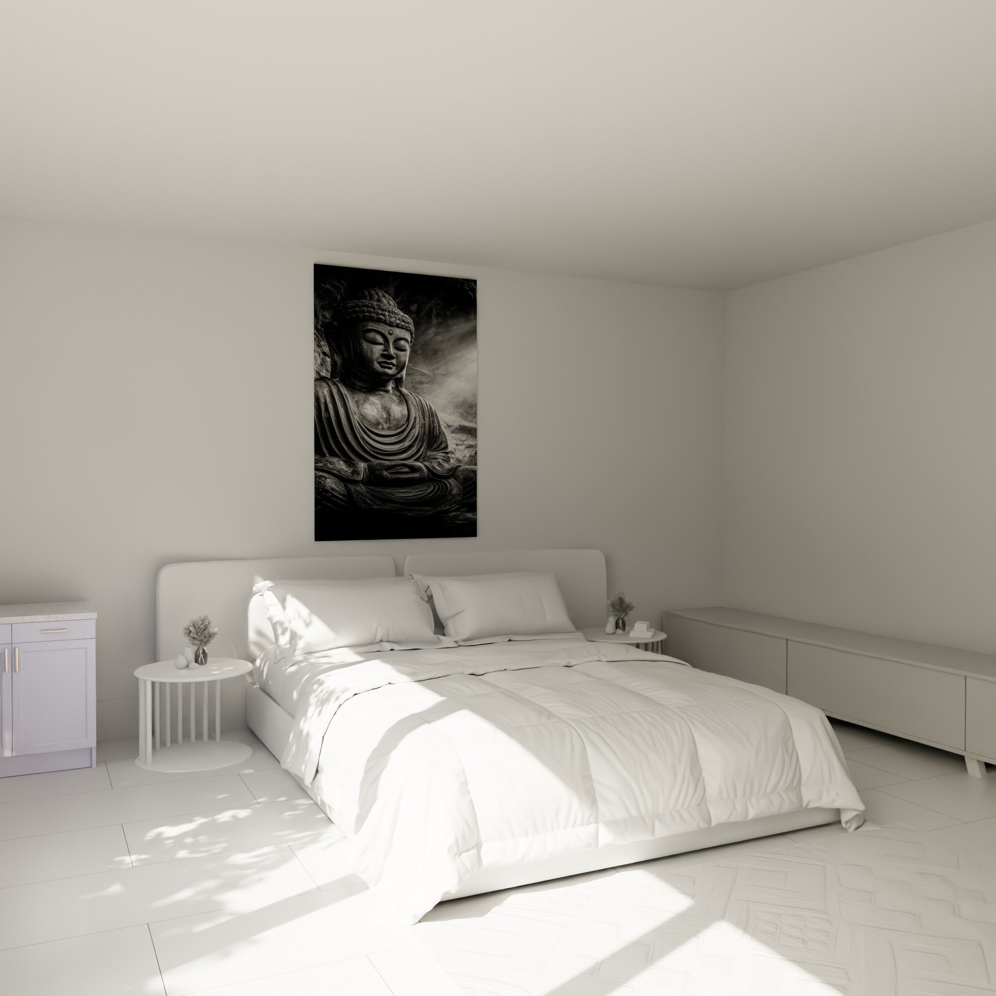 Bouddha gris anthracite en méditation, lumière diffuse blanche, au-dessus d'un lit dans une chambre claire