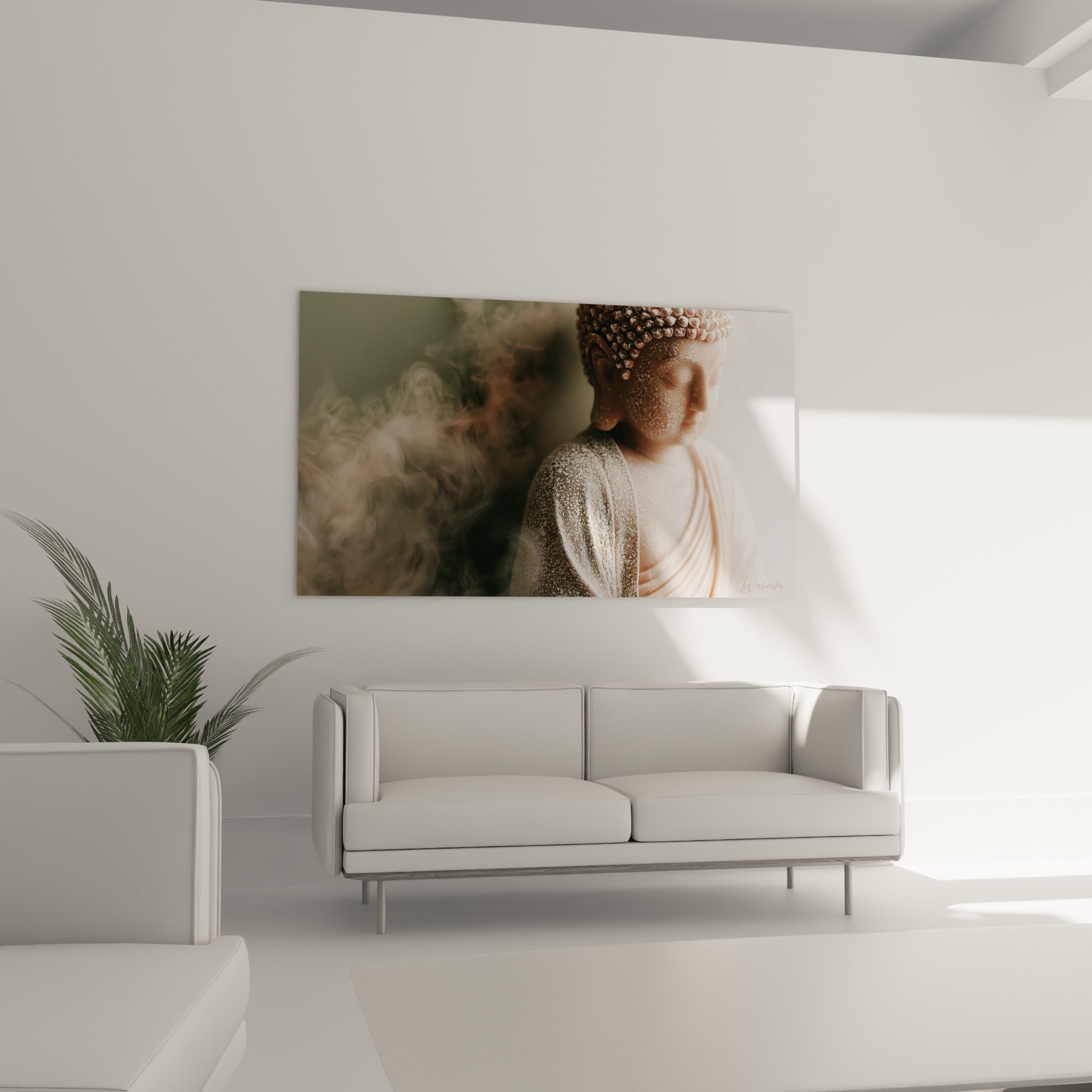 Buste du Bouddha mouché de blanc, fumée grise s'enroulant, au-dessus d'un canapé dans un salon lumineux