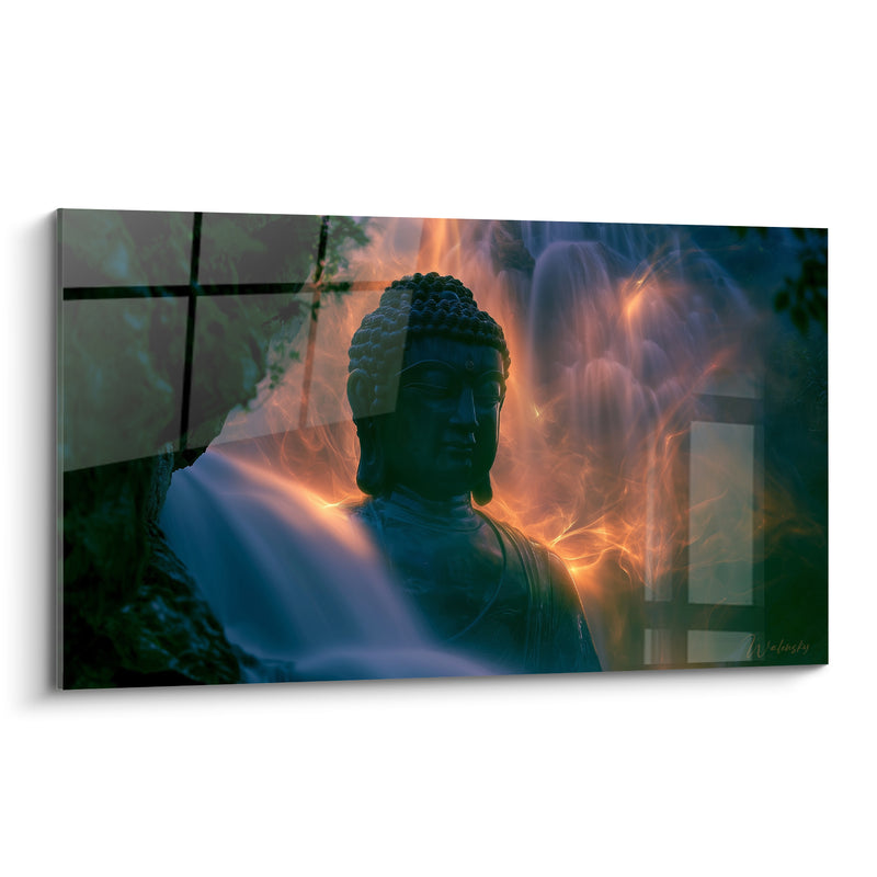 Tableau Statue bleu nuit et orange aux chutes d'eau flamboyantes - Fenêtre grillagée en surimpression - Edition Bouddha