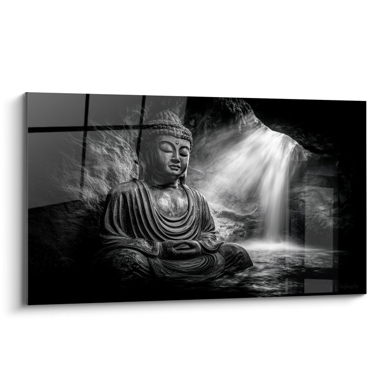 Tableau Statue en méditation près d'une cascade - Source de sérénité - Edition Bouddha