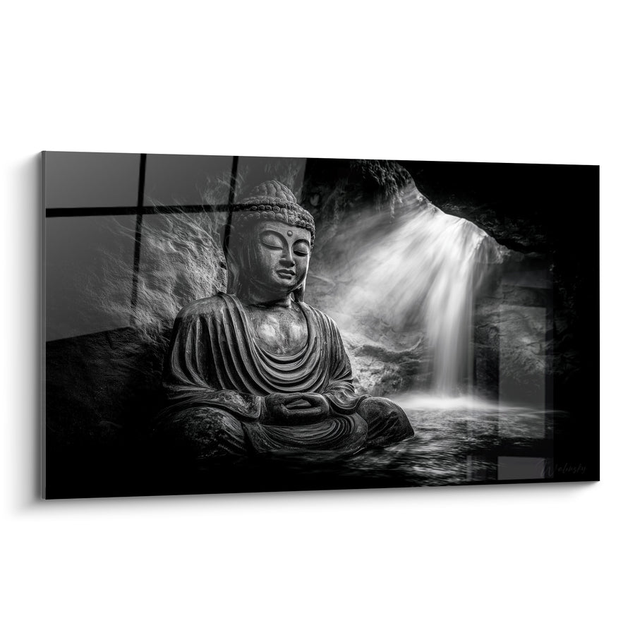 Tableau Statue en méditation près d'une cascade - Source de sérénité - Edition Bouddha