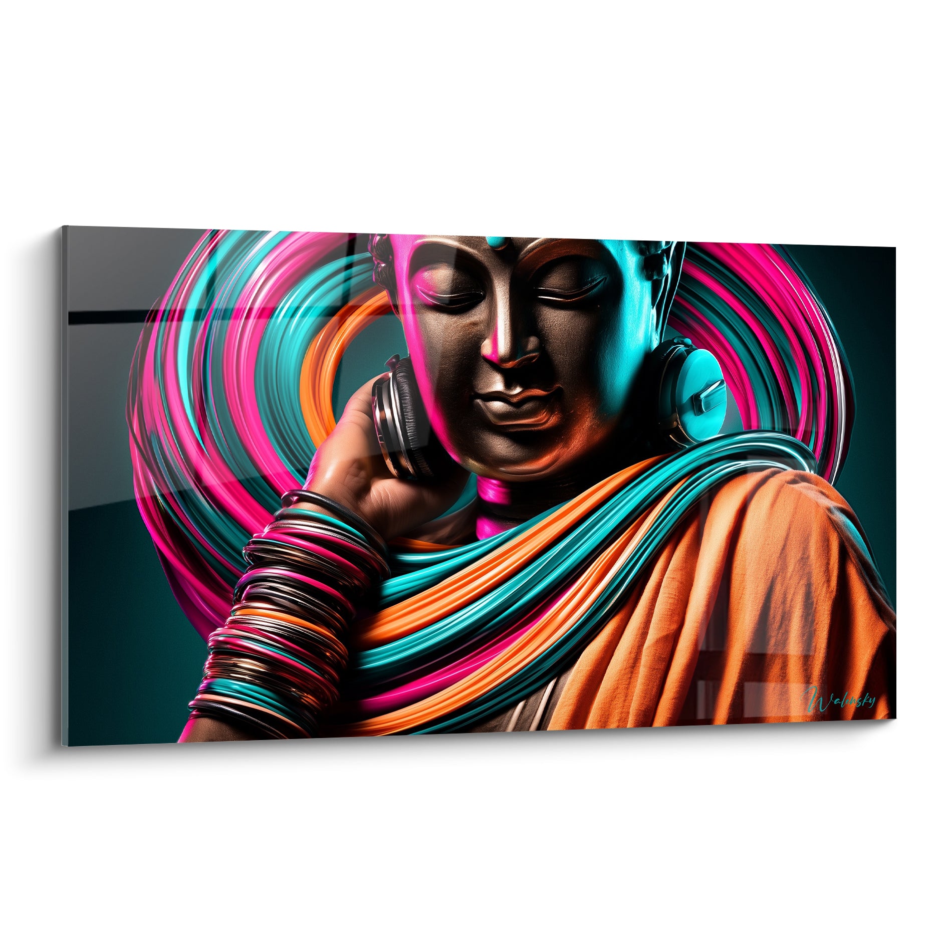 Bouddha en bronze au casque audio, tourbillons fuchsia et turquoise, drapé orange sur l'épaule