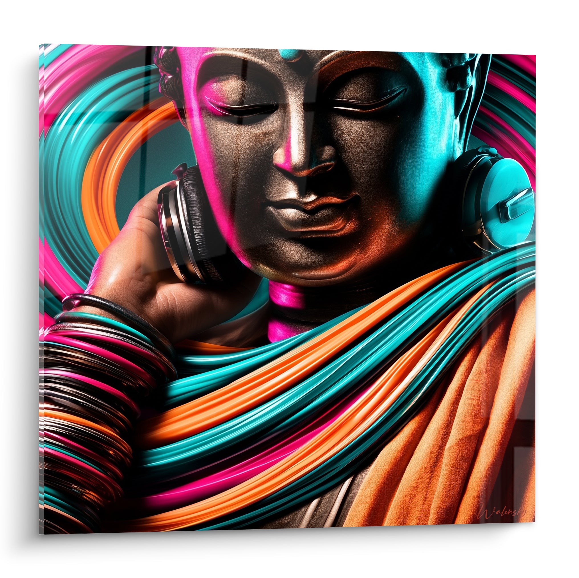 Bouddha aux yeux clos avec casque audio turquoise, voiles fuchsia et orange enroulés autour du visage bronze