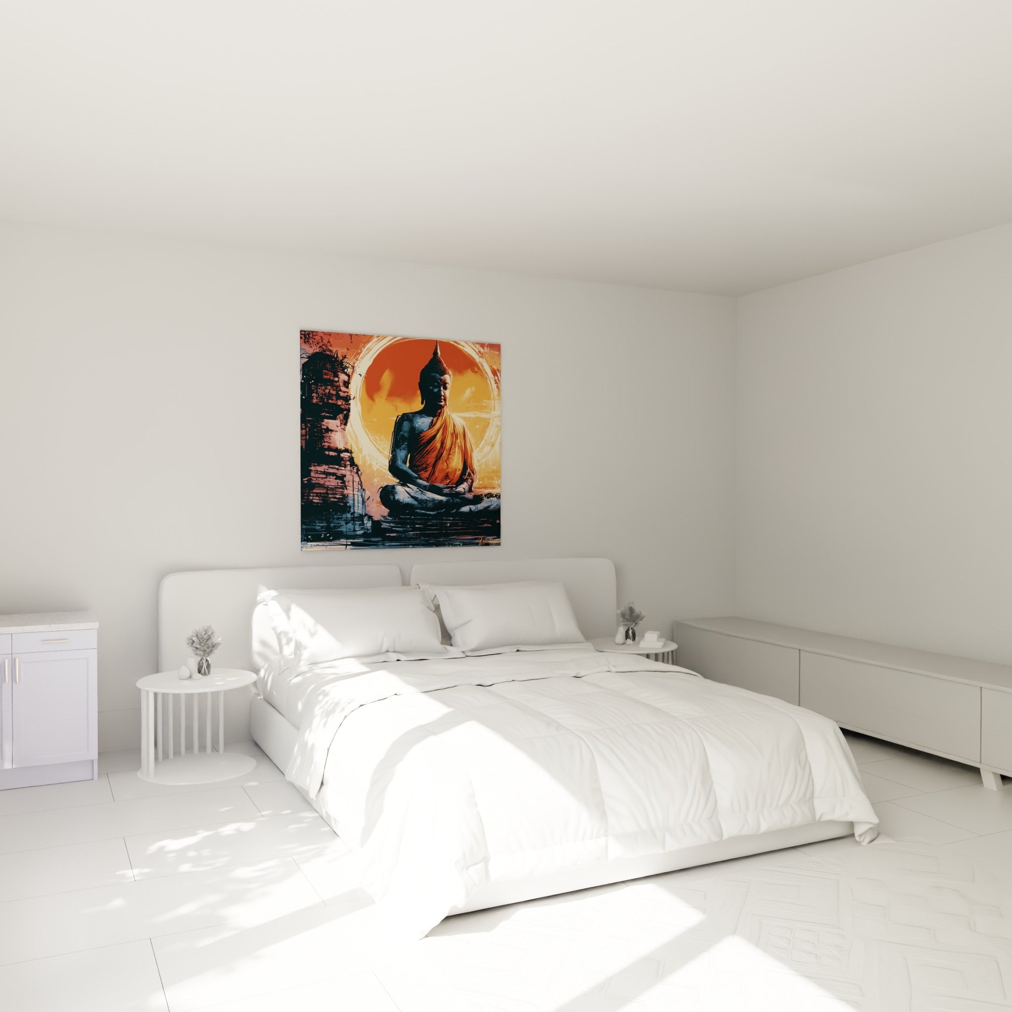 Statue de Bouddha méditant en orange et anthracite, accrochée au-dessus d'un lit dans une chambre claire