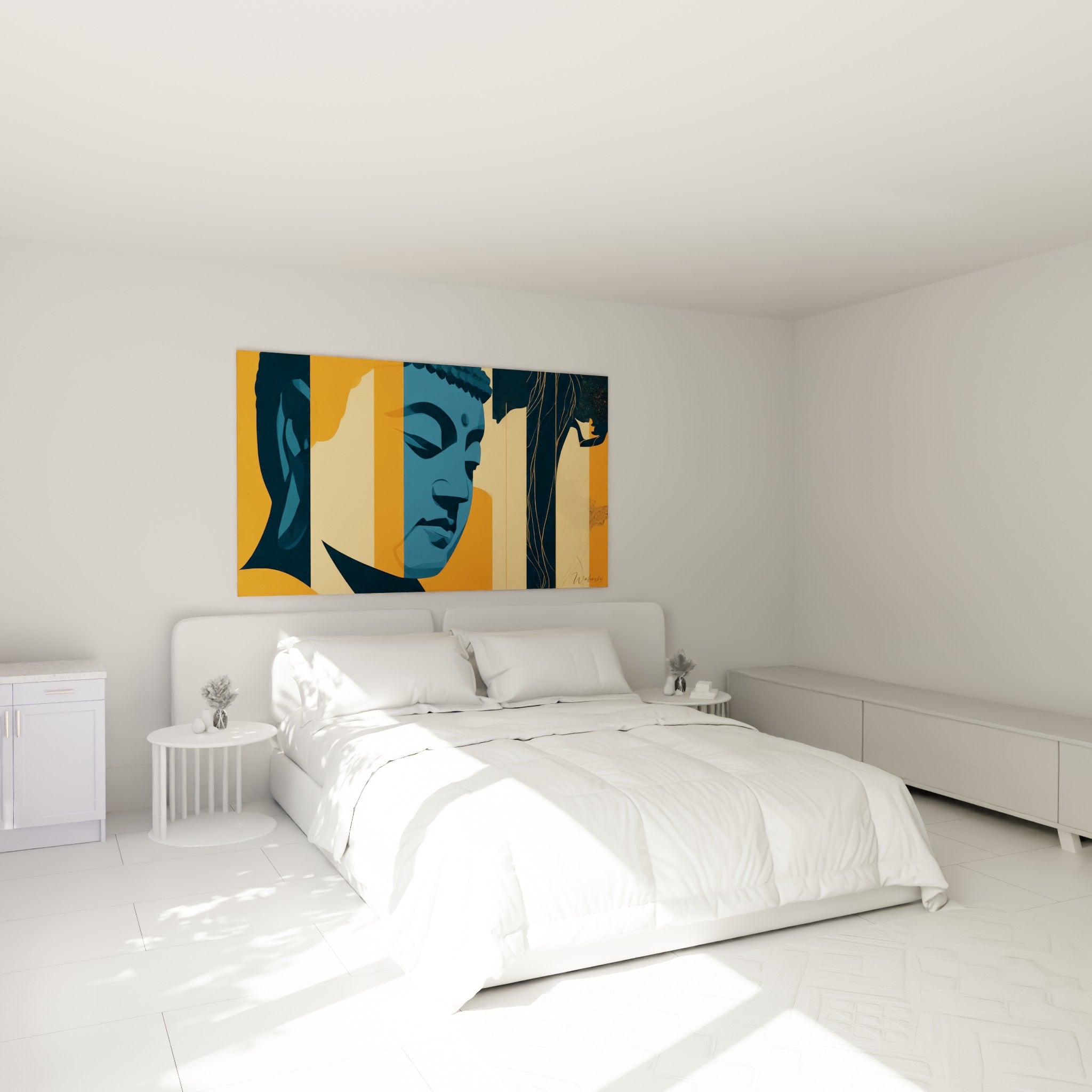 Bouddha aux tons bleu ardoise et orange chaud accroché au-dessus d'un lit dans une chambre claire