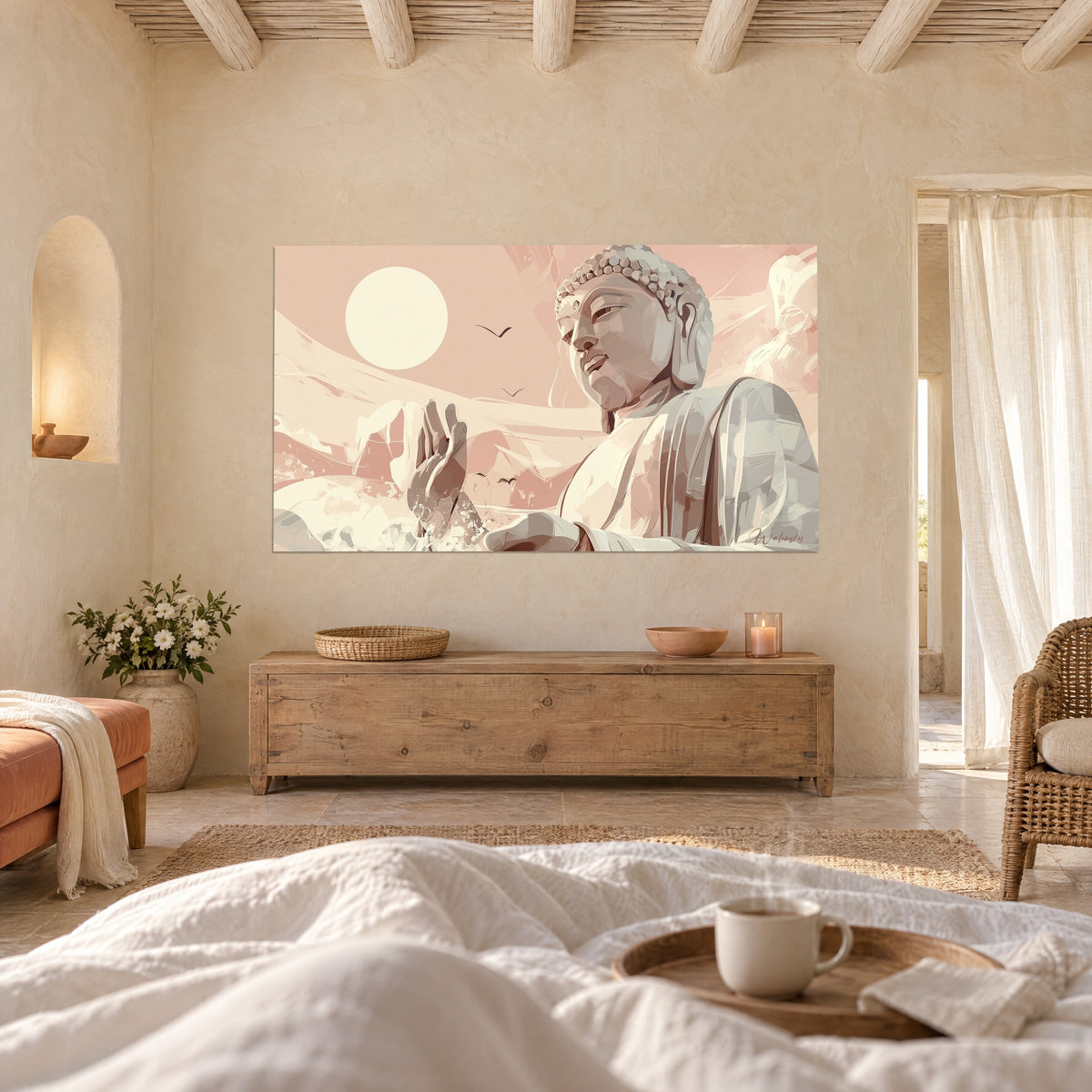 Cuadro de una figura sabia de piedra rosa y marfil, palma abierta hacia un sol pálido, sobre una cama en un dormitorio luminoso