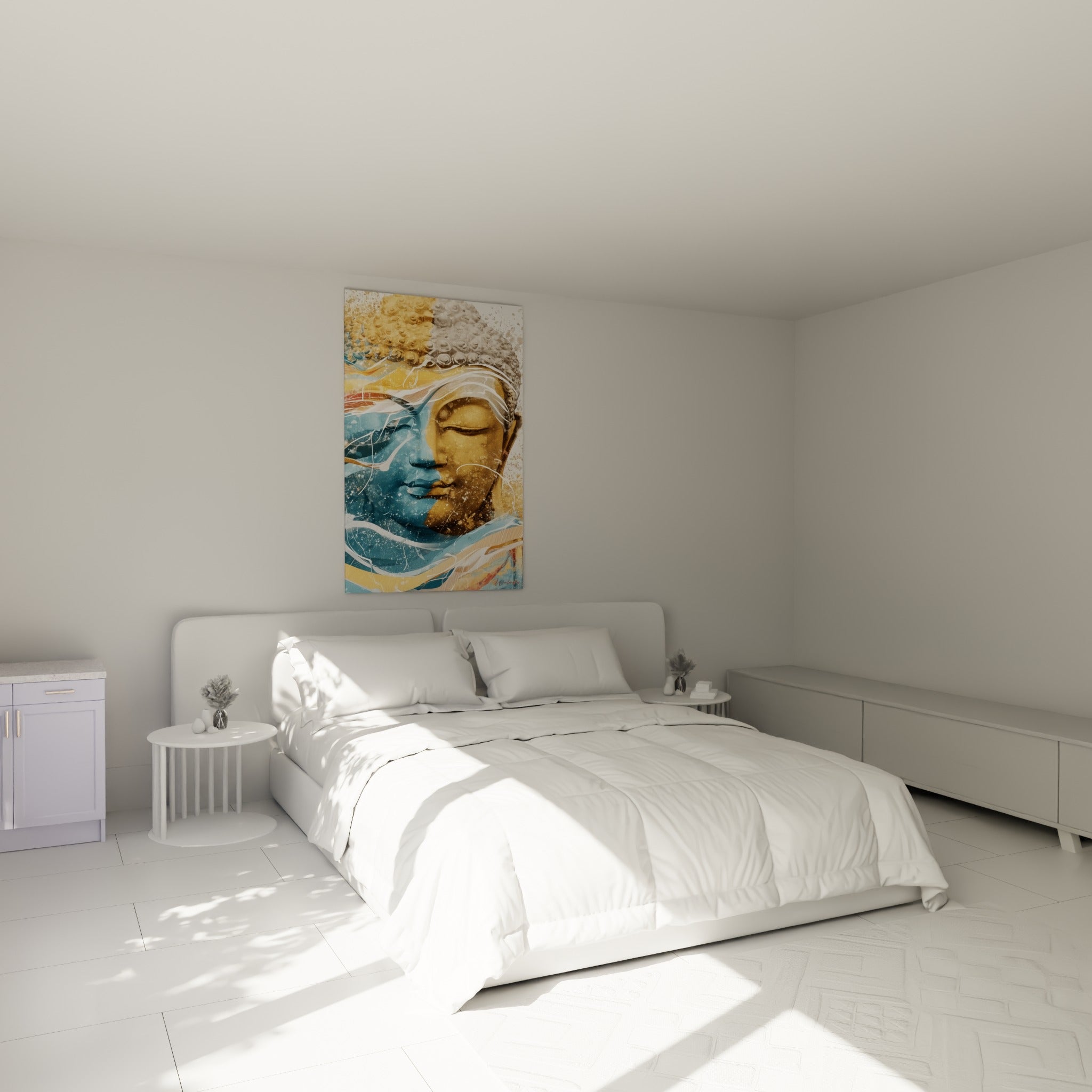 Sérénité dorée et bleue du visage de Bouddha au-dessus d'un lit dans une chambre claire